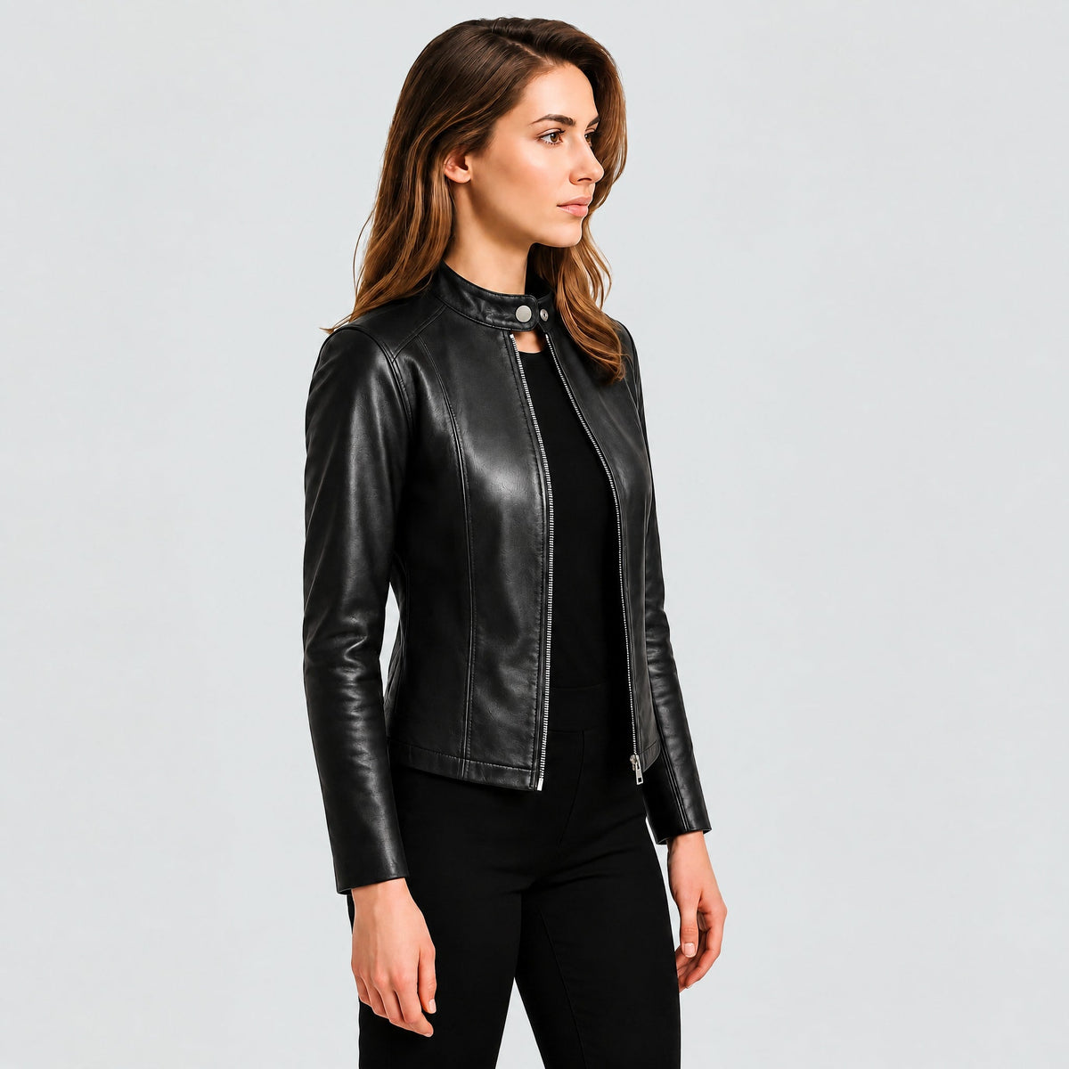 Klara - Women's Fitted Zip-Up Biker Jacket with Snap Collar - Motorcycle Outerwear - Black - Davies & Cooper