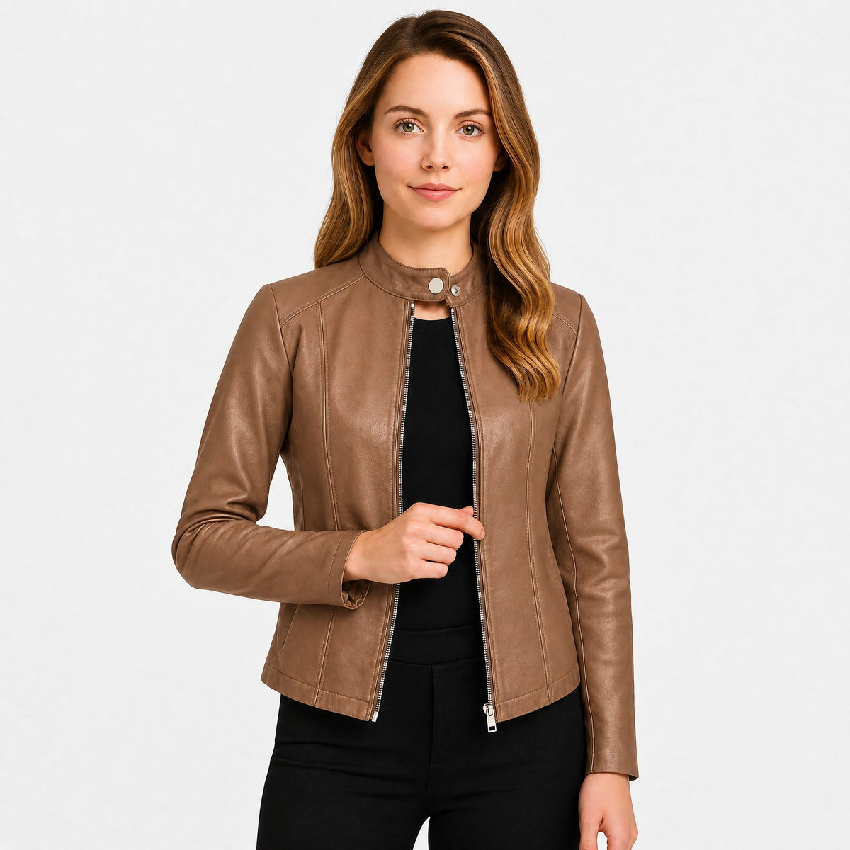 Klara - Women's Fitted Zip-Up Biker Jacket with Snap Collar - Motorcycle Outerwear - Khaki - Davies & Cooper