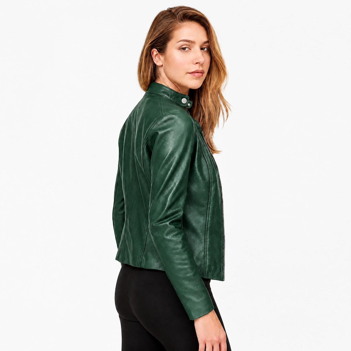 Klara - Women's Fitted Zip-Up Biker Jacket with Snap Collar - Motorcycle Outerwear - Green - Davies & Cooper
