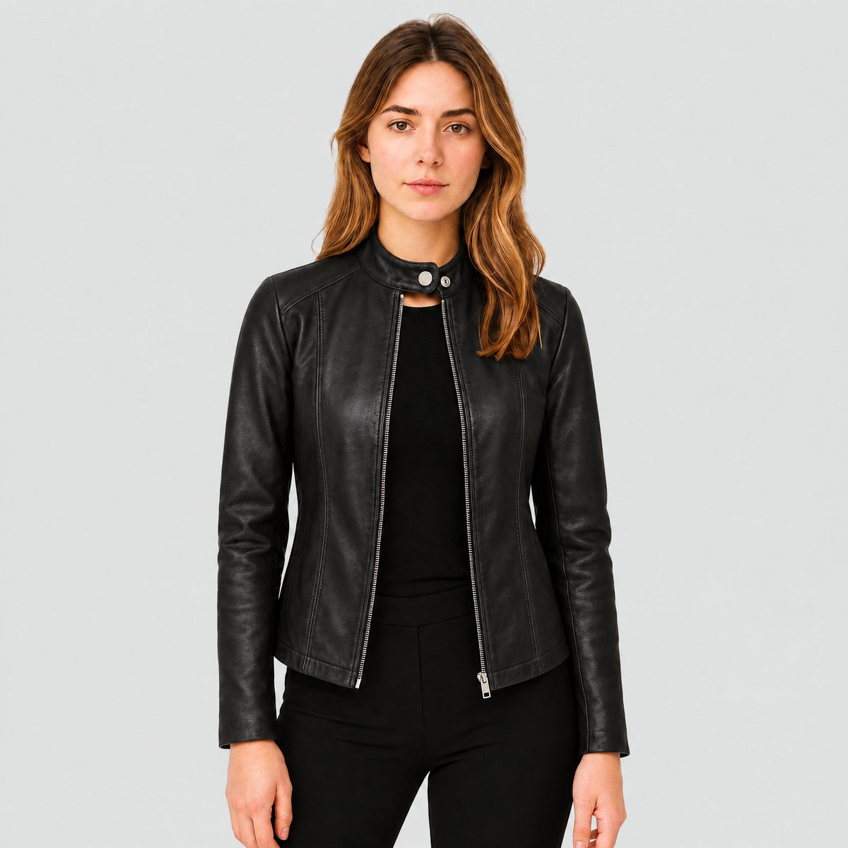Klara - Women's Fitted Zip-Up Biker Jacket with Snap Collar - Motorcycle Outerwear - Black - Davies & Cooper