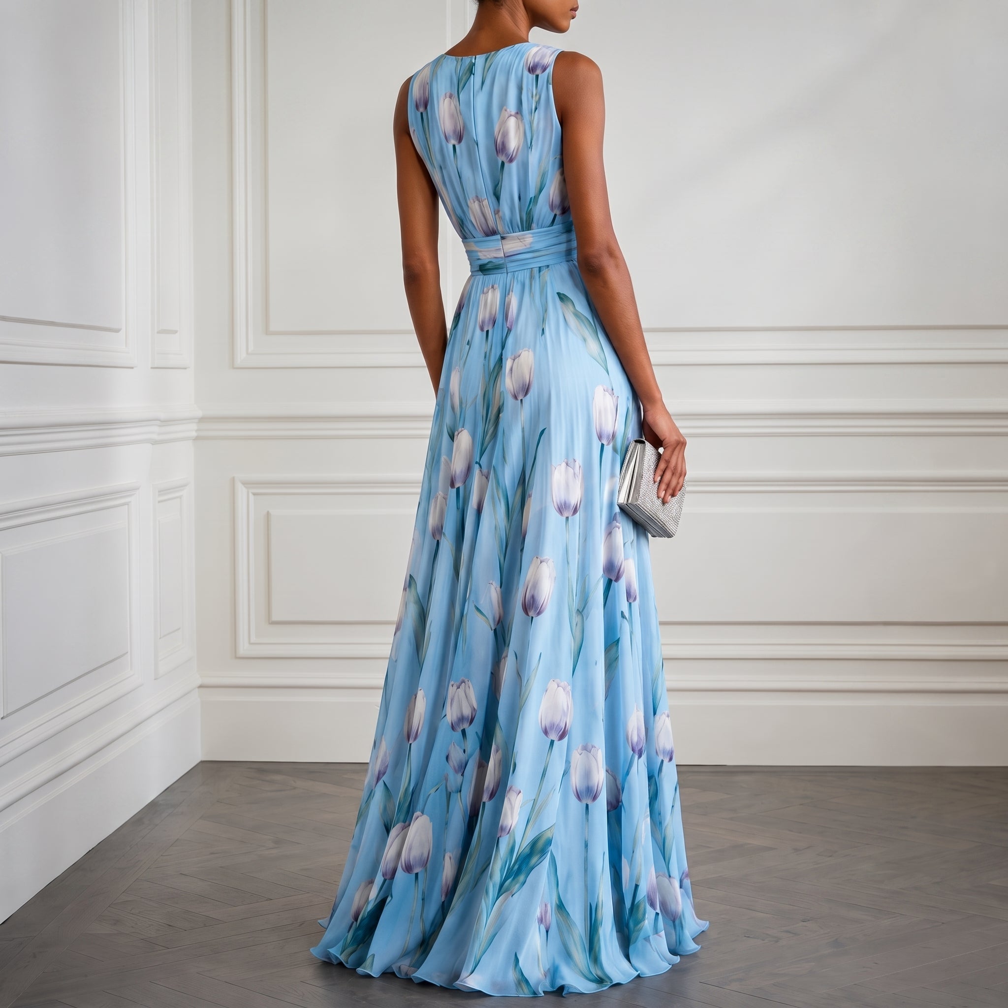 Klara - Women's Floral Sleeveless Bridesmaid Maxi Dress - Maxi Dress - Sky Blue - Davies & Cooper