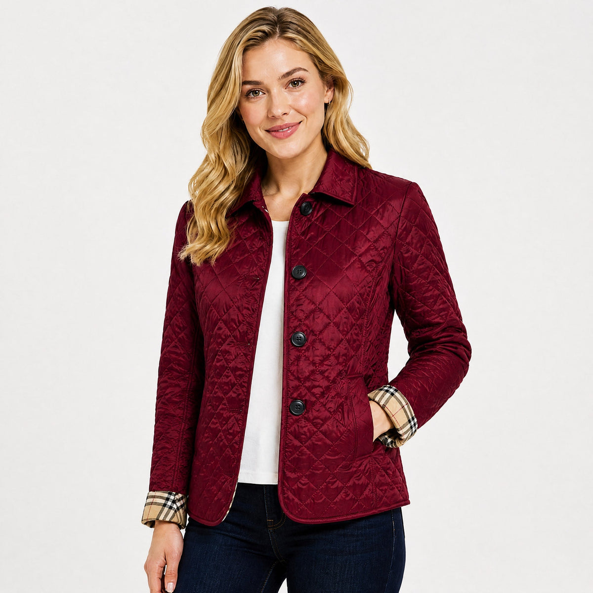 Klara - Women's Quilted Transitional Jacket with Collar and Button Front - Coats & Jackets - Burgundy - Davies & Cooper