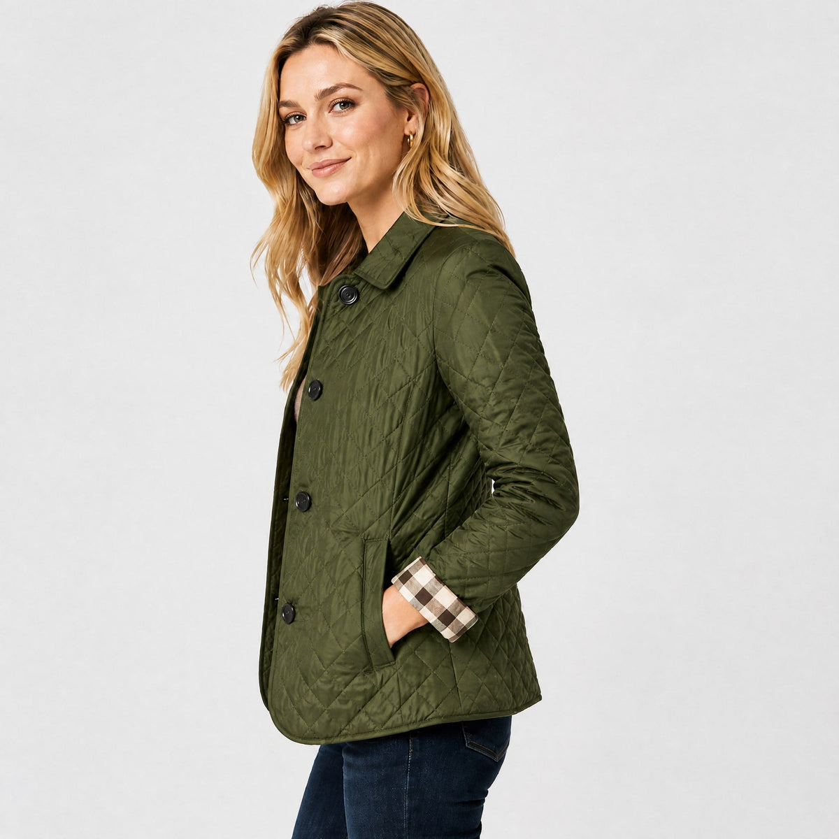 Klara - Women's Quilted Transitional Jacket with Collar and Button Front - Coats & Jackets - Green - Davies & Cooper