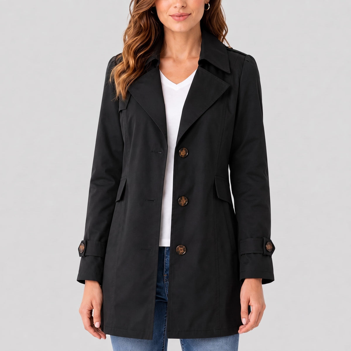 Klara - Women's Short Trench Coat with Notch Lapel - Trench Coats - Black - Davies & Cooper