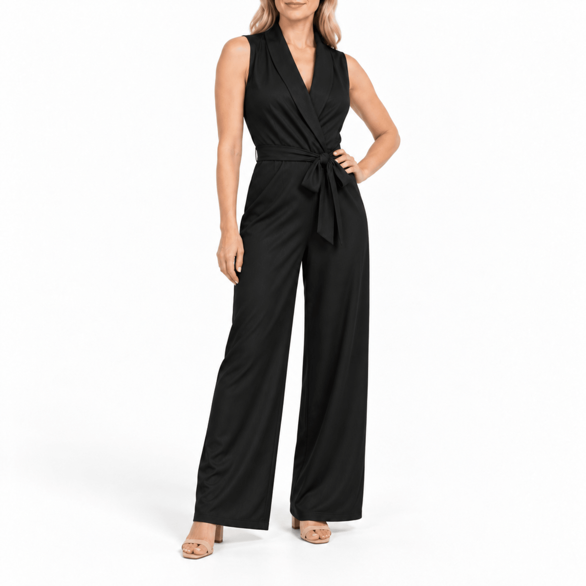 Klara - Women's Wide-Leg Belted Wrap Jumpsuit - One-Pieces - Black - Davies & Cooper