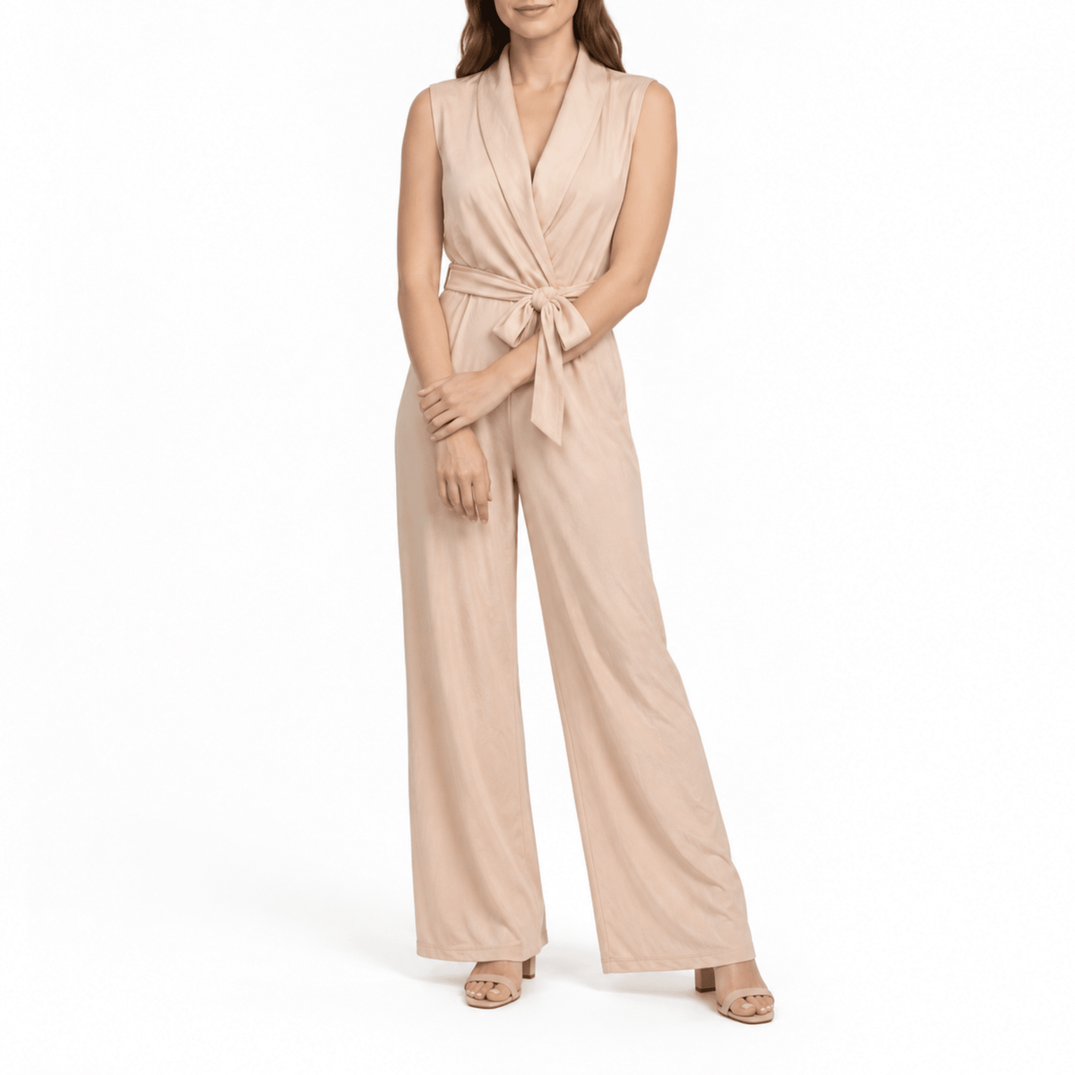 Klara - Women's Wide-Leg Belted Wrap Jumpsuit - One-Pieces - Beige - Davies & Cooper