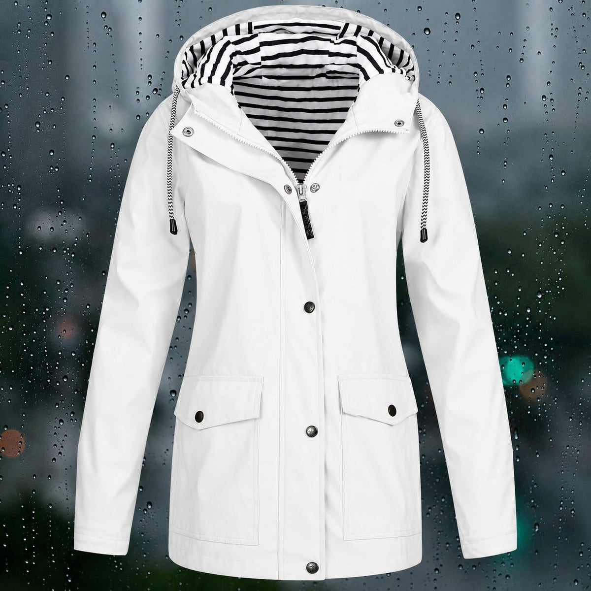 Lea - Women's Hooded Transitional Jacket with Drawstring Hood and Patch Pockets - Rain Coat - White - Davies & Cooper