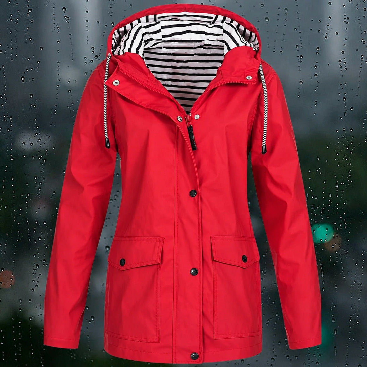 Lea - Women's Hooded Transitional Jacket with Drawstring Hood and Patch Pockets - Rain Coat - Red - Davies & Cooper