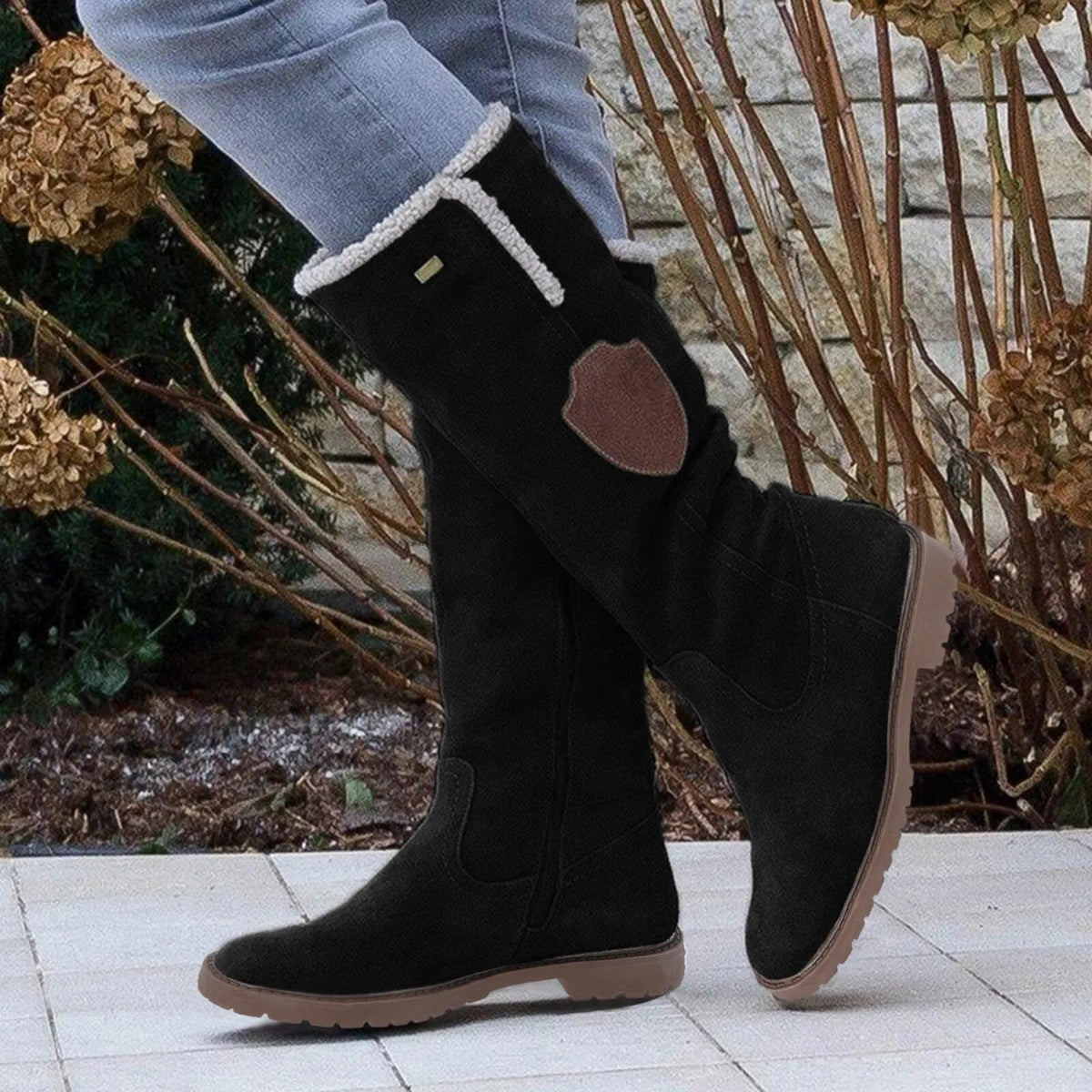 Lena – Lined Winter Boots with Decorative Patch Accent - Winter Boots - Black - Davies & Cooper