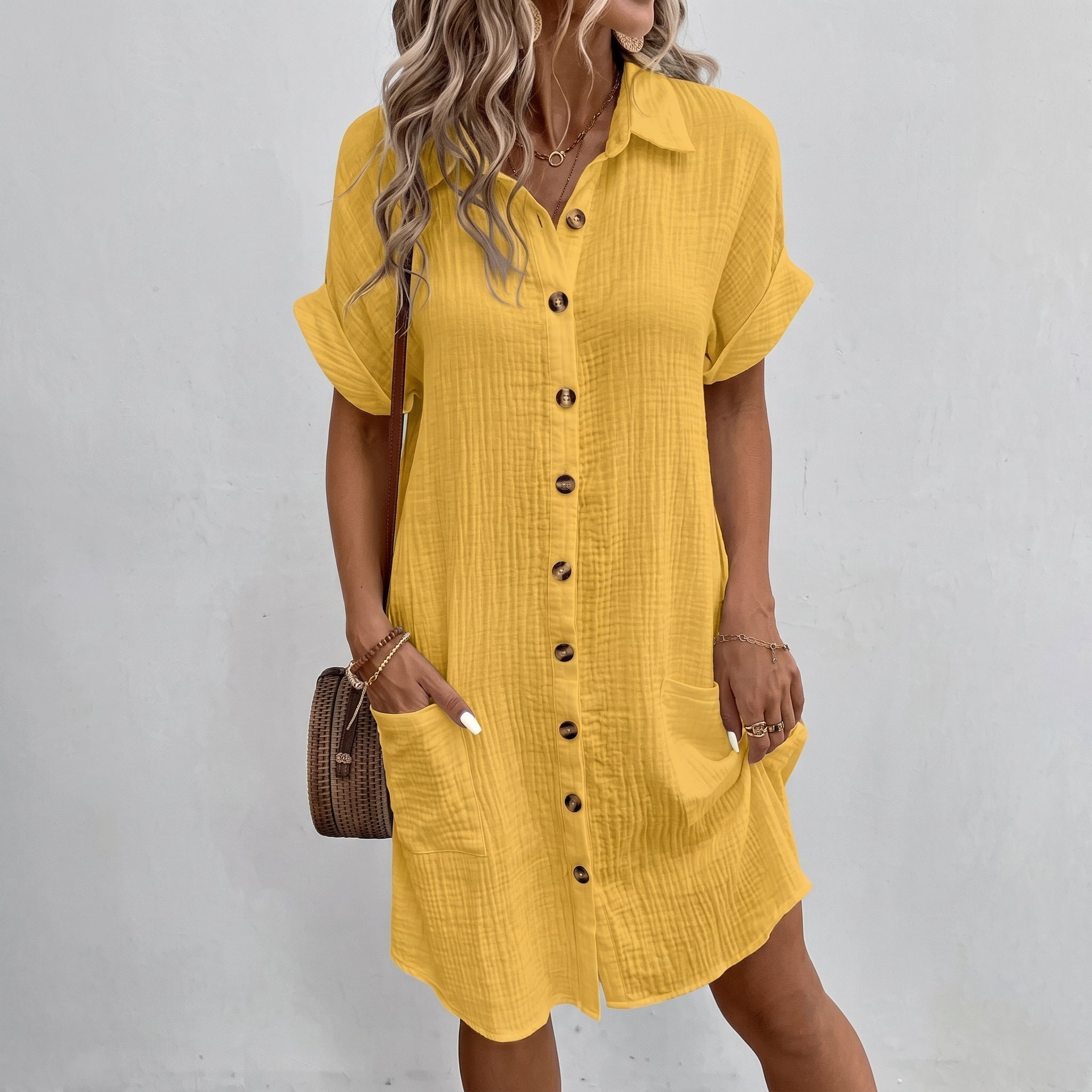 Lena - Women's Summer Button-Down Collared Mini Shirt Dress - Dresses - Yellow - Davies & Cooper