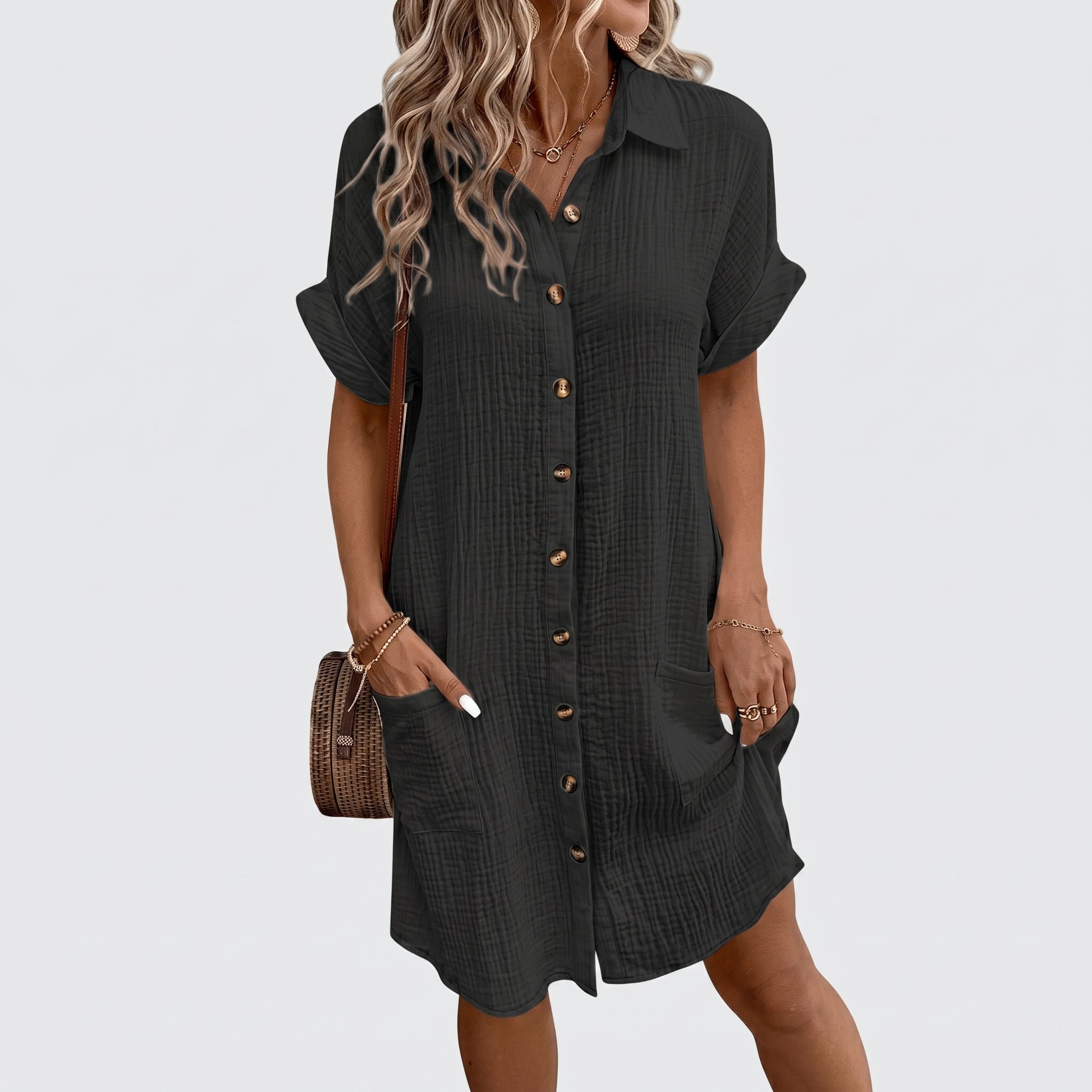 Lena - Women's Summer Button-Down Collared Mini Shirt Dress - Dresses - Black - Davies & Cooper