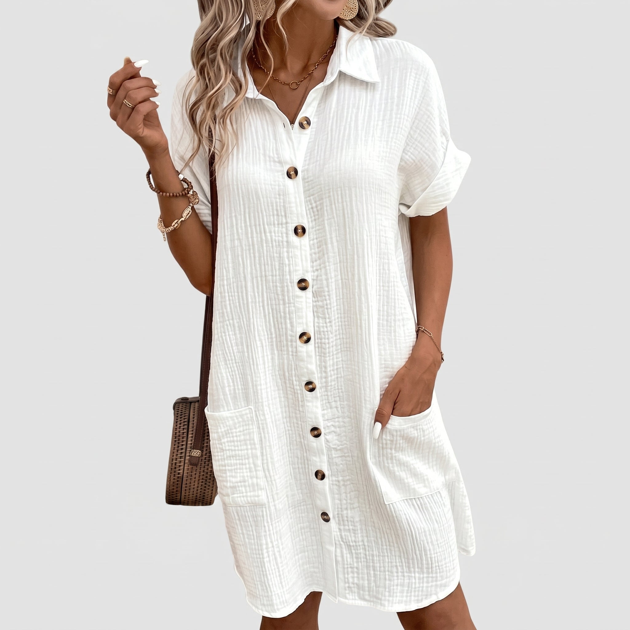 Lena - Women's Summer Button-Down Collared Mini Shirt Dress - Dresses - White - Davies & Cooper