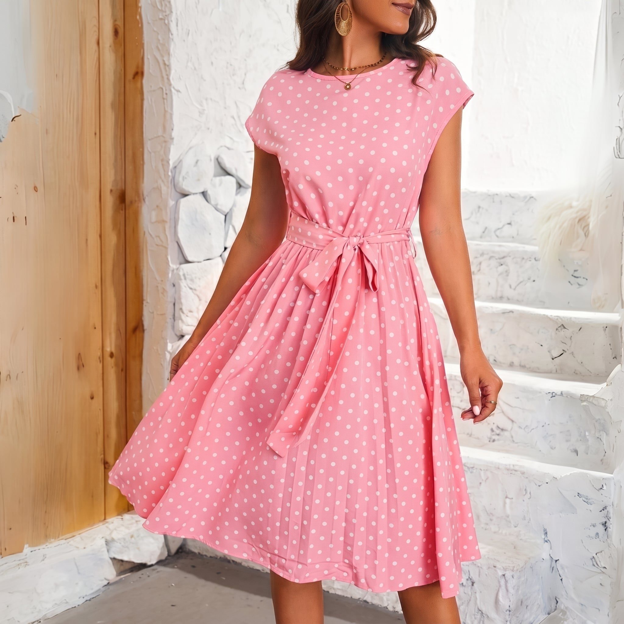 Lena - Women's Summer Polka Dot Cap Sleeve Belted Midi Dress - Dresses - Pink - Davies & Cooper