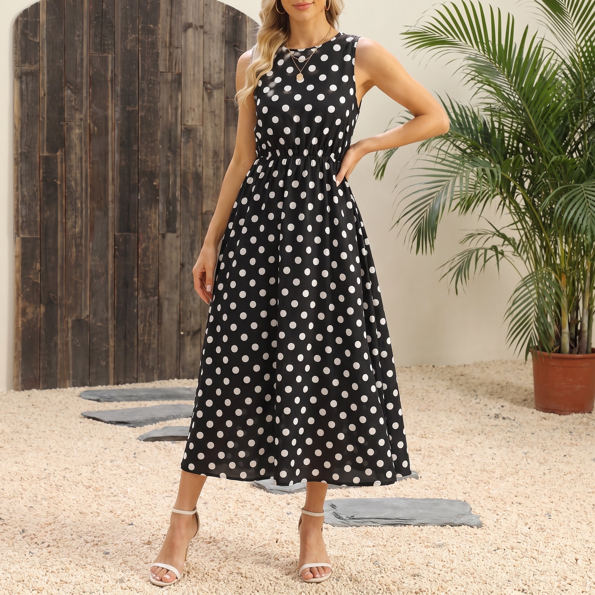 Lena - Women's Summer Polka Dot Sleeveless Midi Dress - Dresses - Black - Davies & Cooper