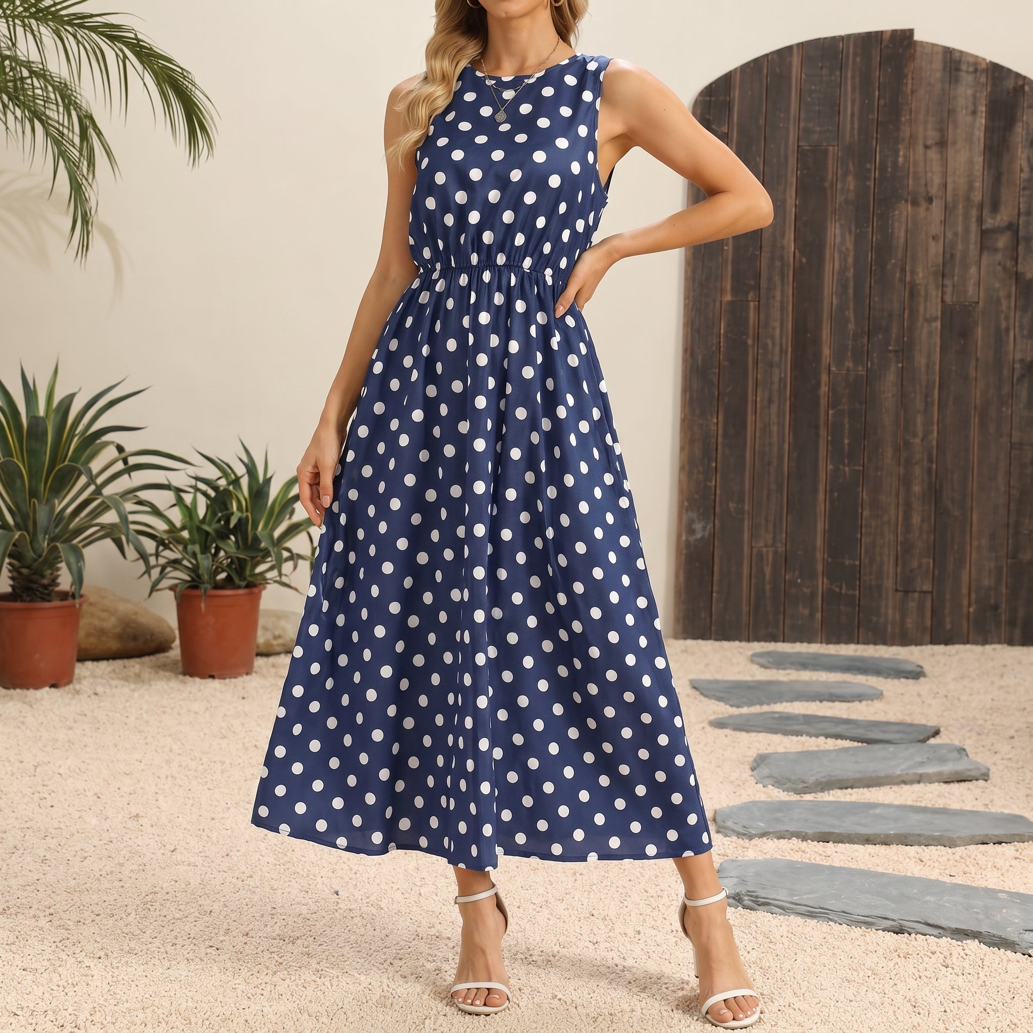 Lena - Women's Summer Polka Dot Sleeveless Midi Dress - Dresses - Blue - Davies & Cooper