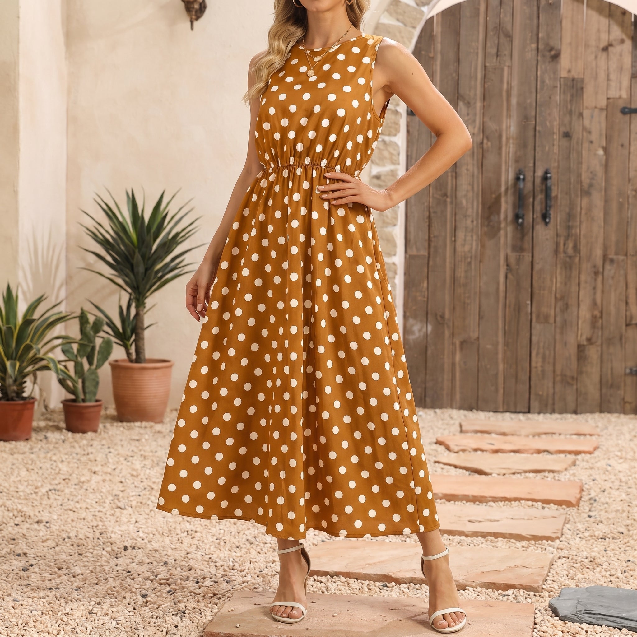 Lena - Women's Summer Polka Dot Sleeveless Midi Dress - Dresses - Yellow - Davies & Cooper