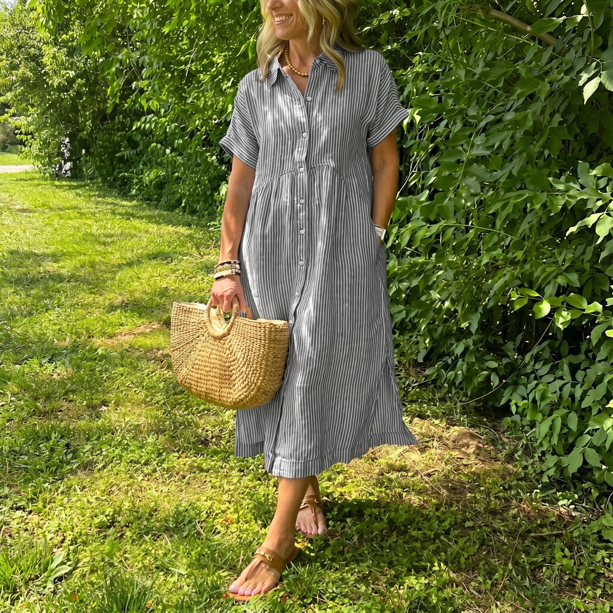 Lena - Women's Summer Striped Button-Down Midi Shirt Dress - Midi Dress - Grey - Davies & Cooper