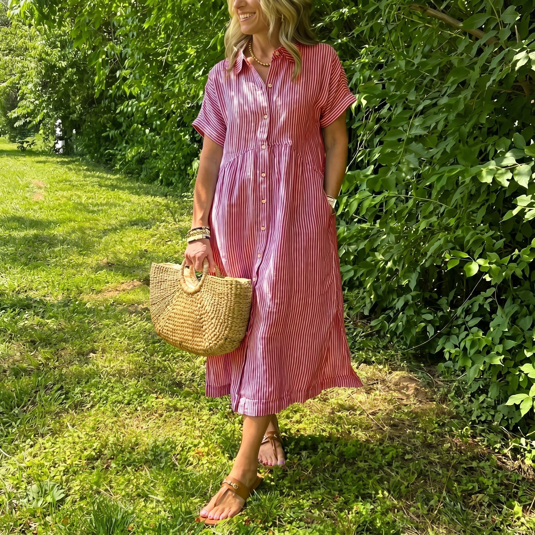 Lena - Women's Summer Striped Button-Down Midi Shirt Dress - Midi Dress - Red - Davies & Cooper