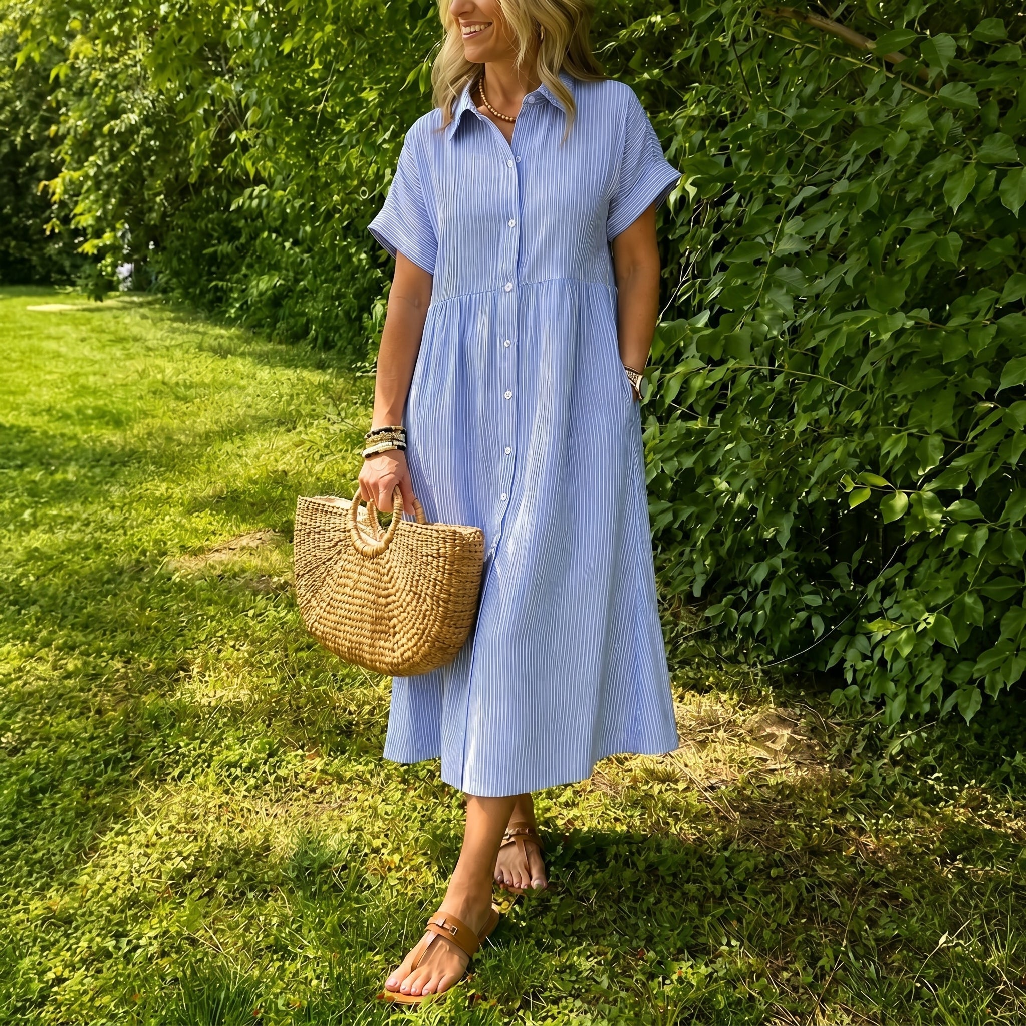 Lena - Women's Summer Striped Button-Down Midi Shirt Dress - Midi Dress - Blue - Davies & Cooper