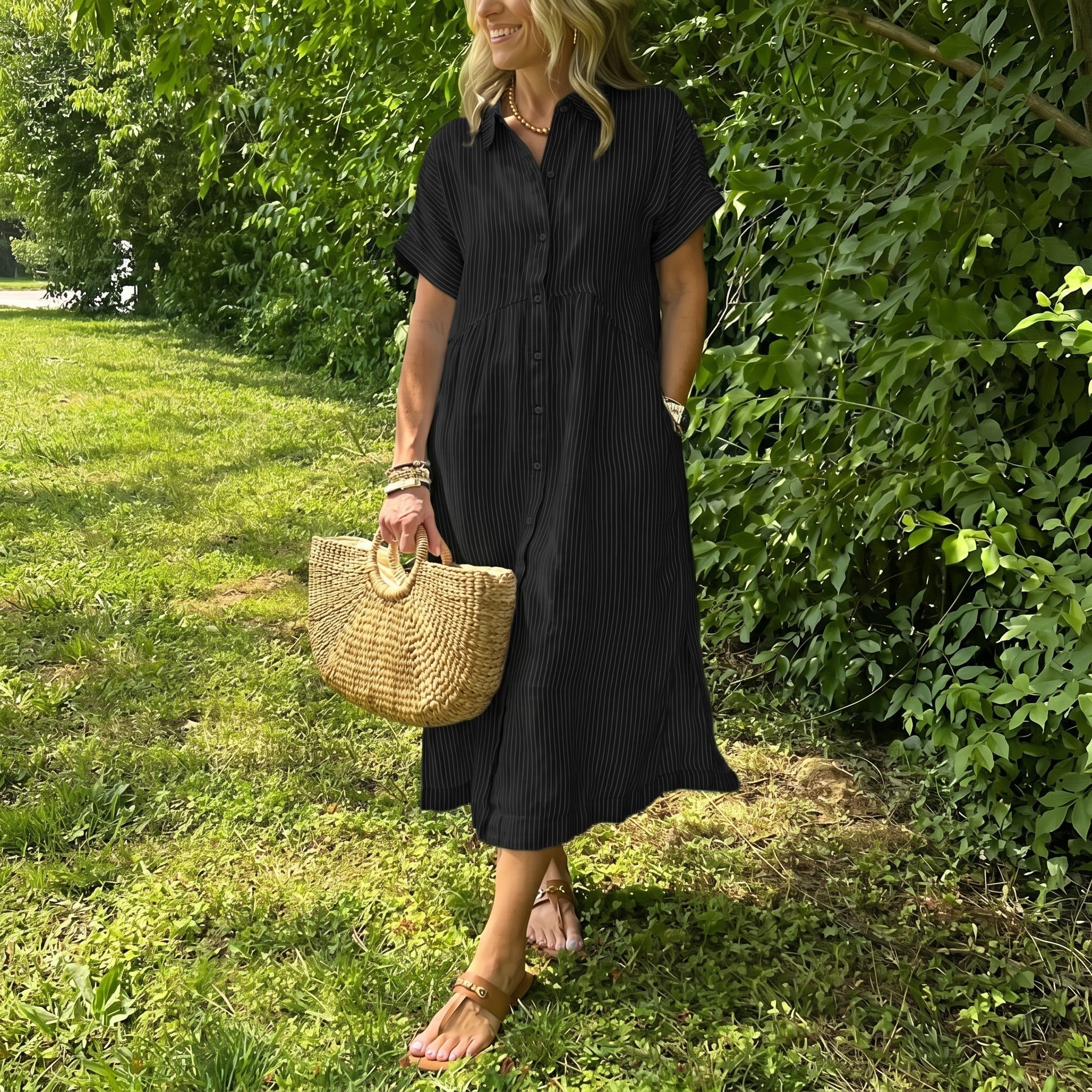 Lena - Women's Summer Striped Button-Down Midi Shirt Dress - Midi Dress - Black - Davies & Cooper