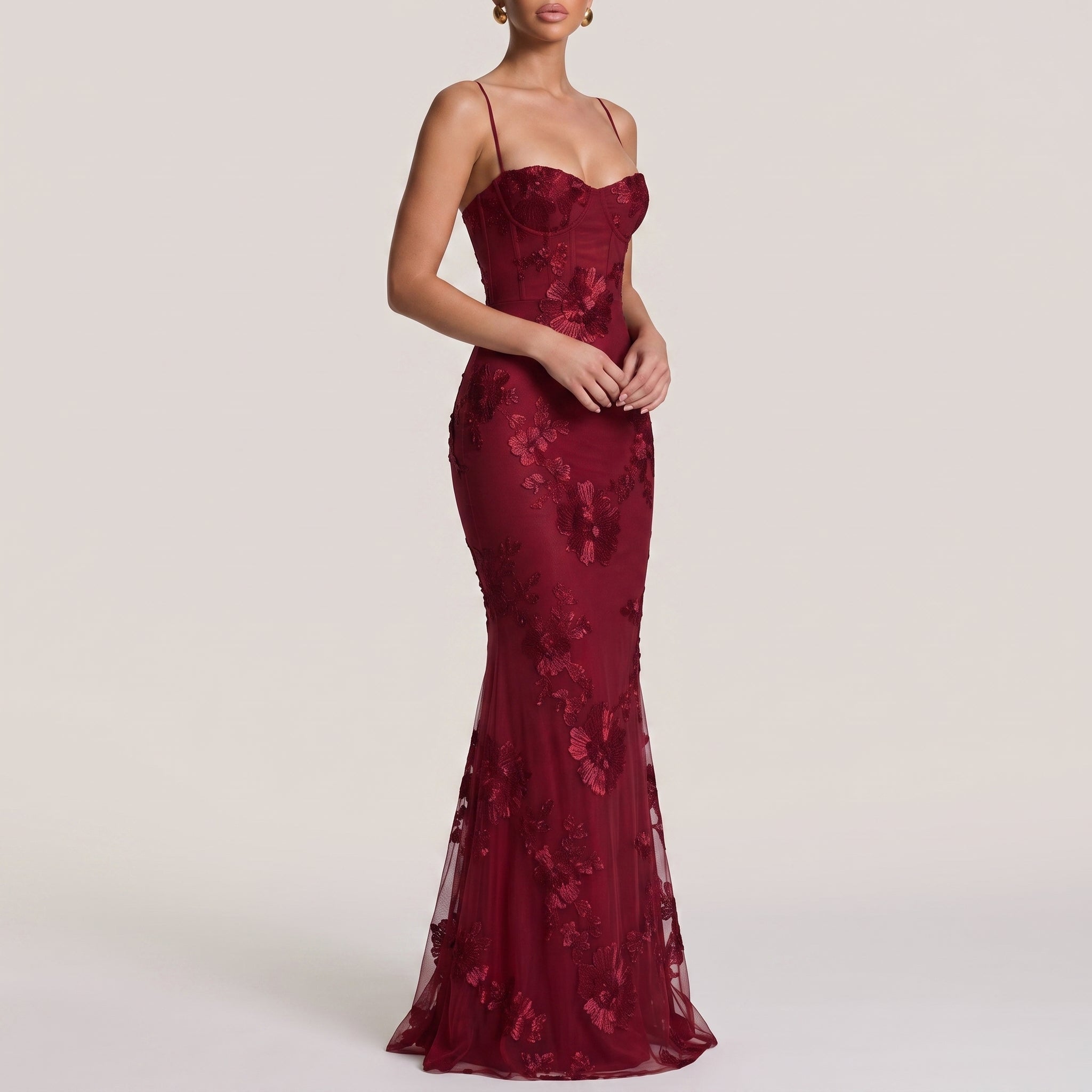 Lena - Women's Wedding Guest Sequin Floral Maxi Dress - Maxi Dress - Burgundy - Davies & Cooper