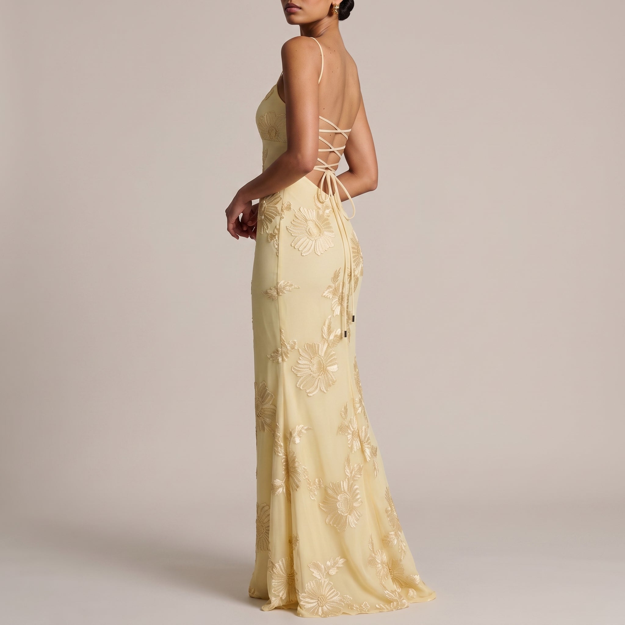Lena - Women's Wedding Guest Sequin Floral Maxi Dress - Maxi Dress - Yellow - Davies & Cooper