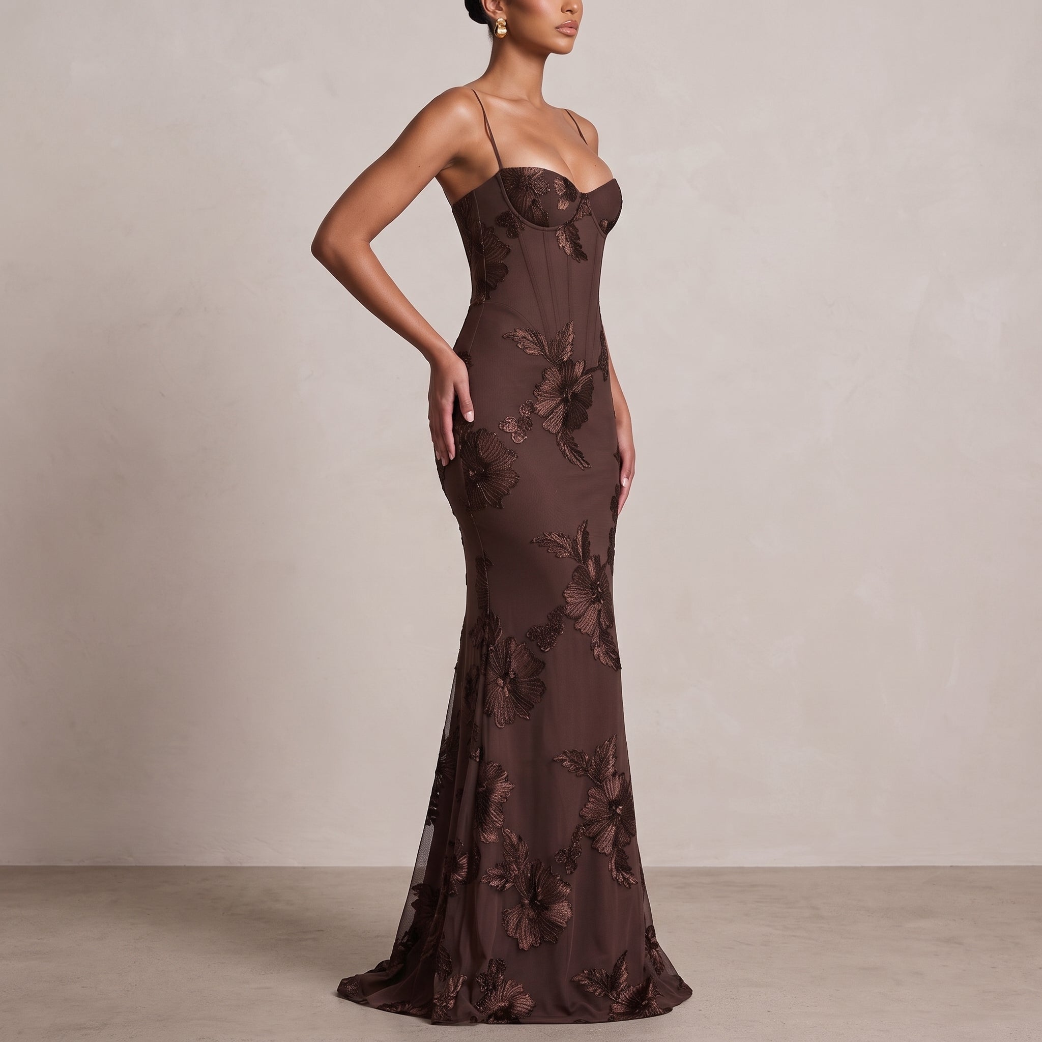 Lena - Women's Wedding Guest Sequin Floral Maxi Dress - Maxi Dress - Brown - Davies & Cooper