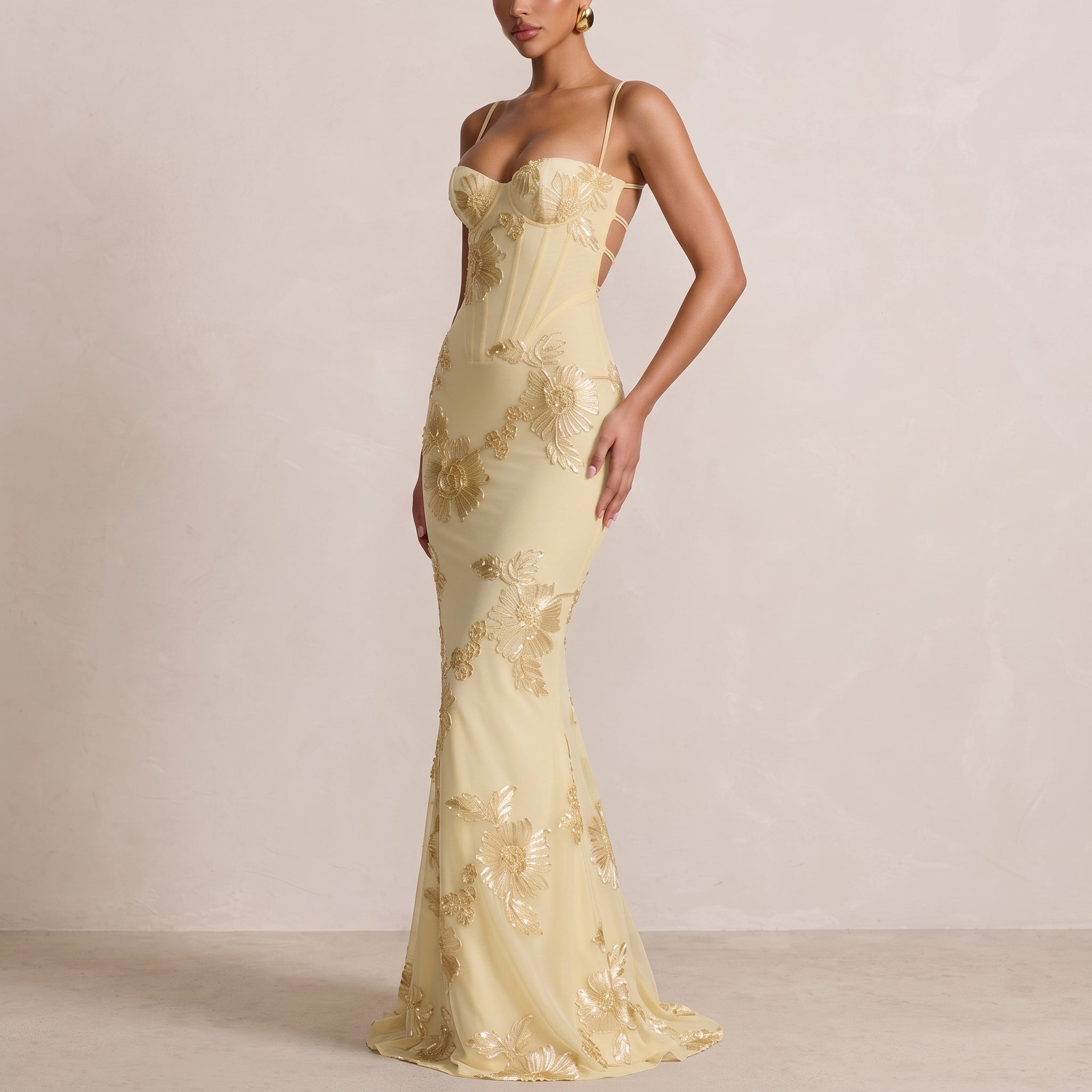 Lena - Women's Wedding Guest Sequin Floral Maxi Dress - Maxi Dress - Yellow - Davies & Cooper
