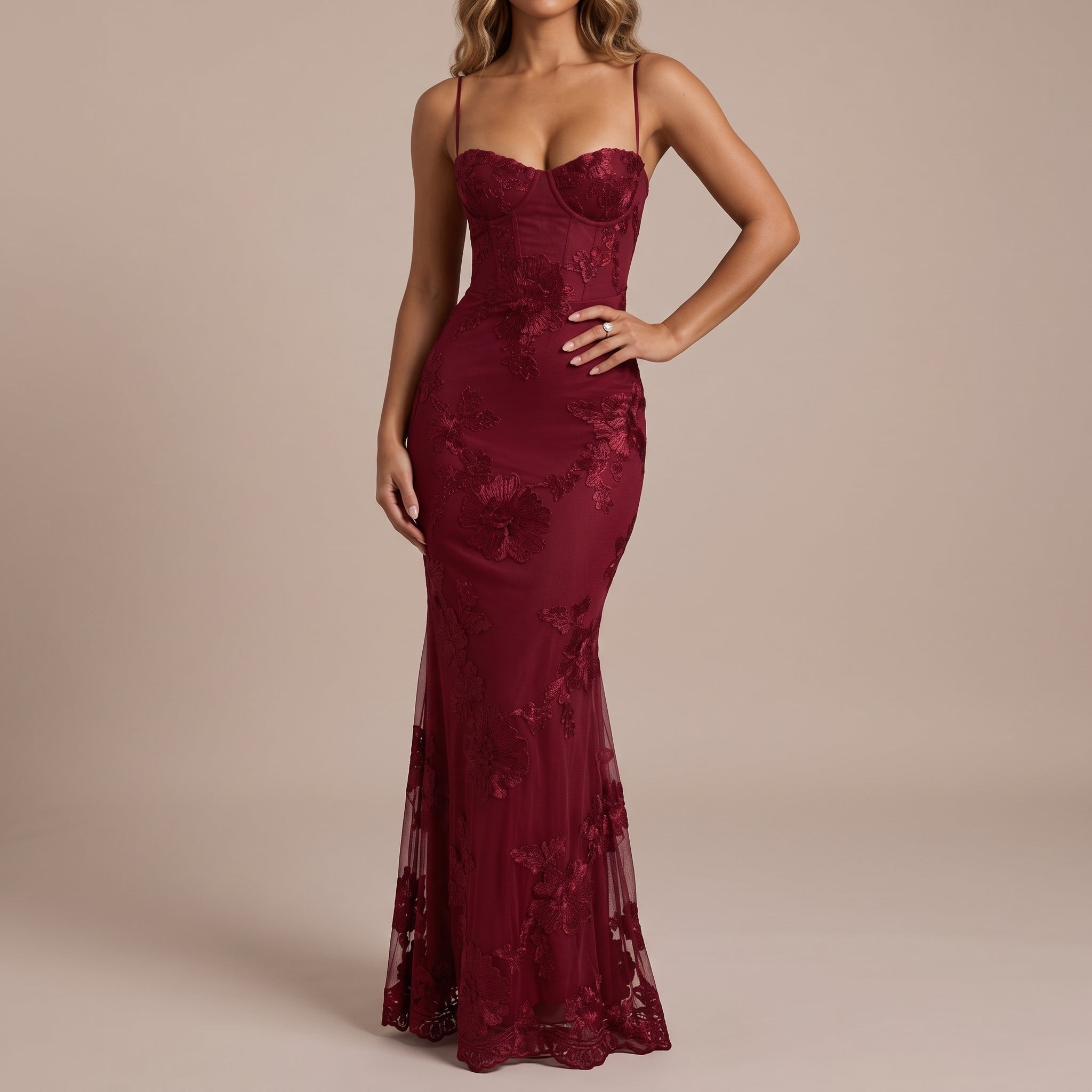 Lena - Women's Wedding Guest Sequin Floral Maxi Dress - Maxi Dress - Burgundy - Davies & Cooper