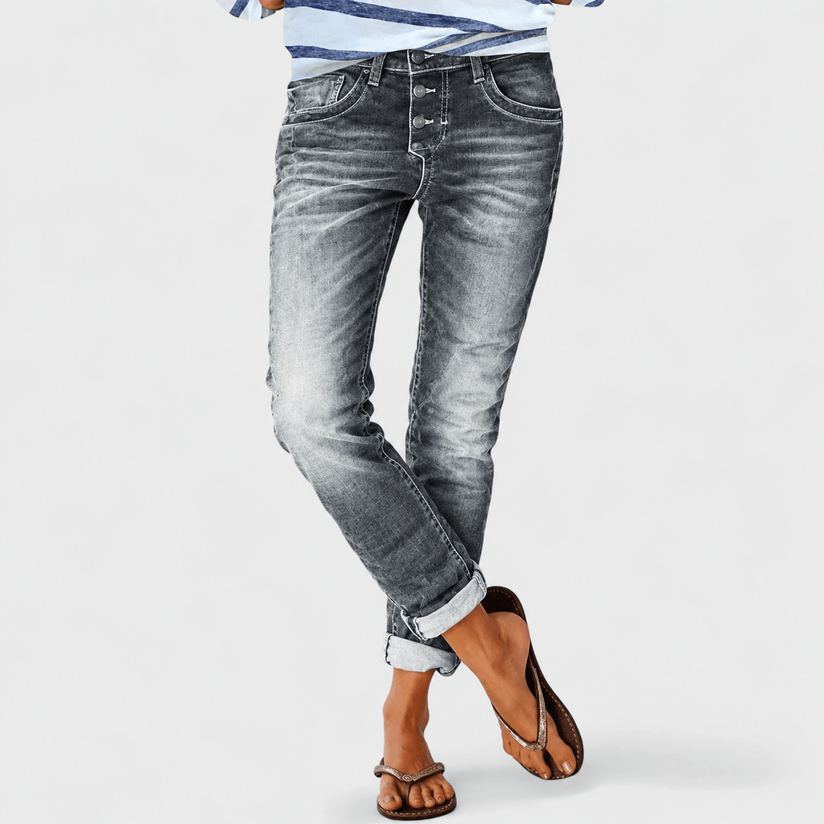 Leni - Women's Distressed Wide-Leg Button-Fly Tapered Jeans - Jeans - Grey - Davies & Cooper