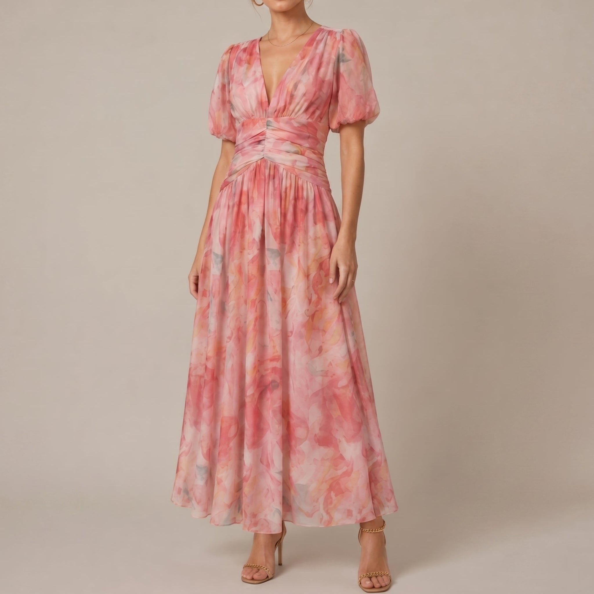 Leonie - Women's Vintage Floral Wedding Guest Maxi Dress - Maxi Dresses - Peach - Davies & Cooper