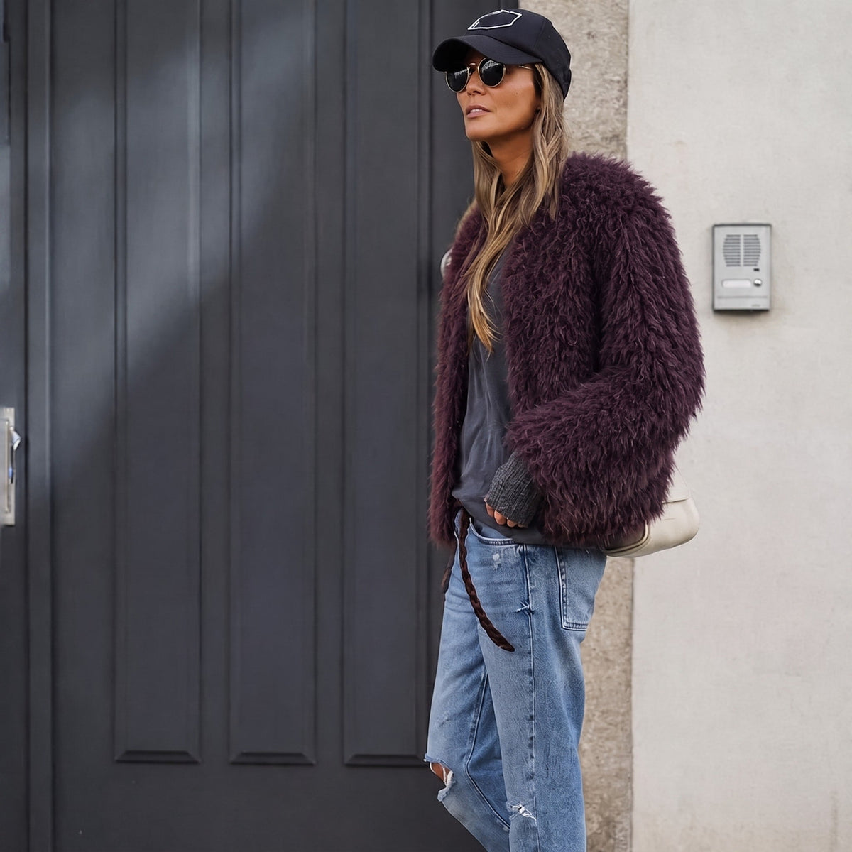 Lillith - Women's Cropped Faux Fur Jacket with Textured Shaggy Finish - Coats & Jackets - Burgundy - Davies & Cooper