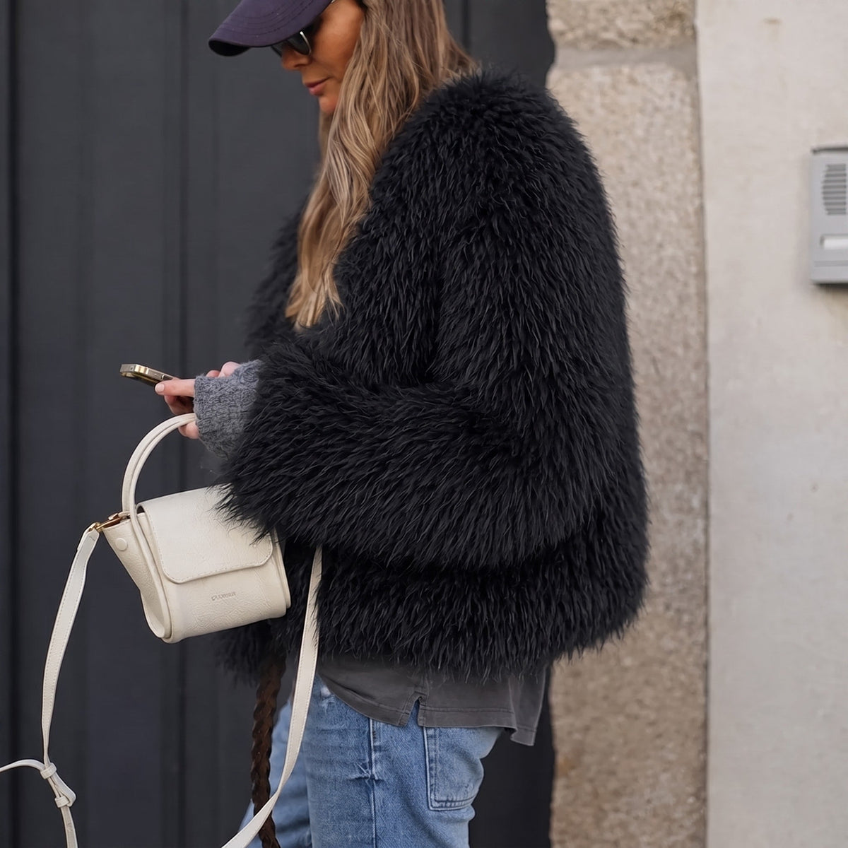 Lillith - Women's Cropped Faux Fur Jacket with Textured Shaggy Finish - Coats & Jackets - Black - Davies & Cooper