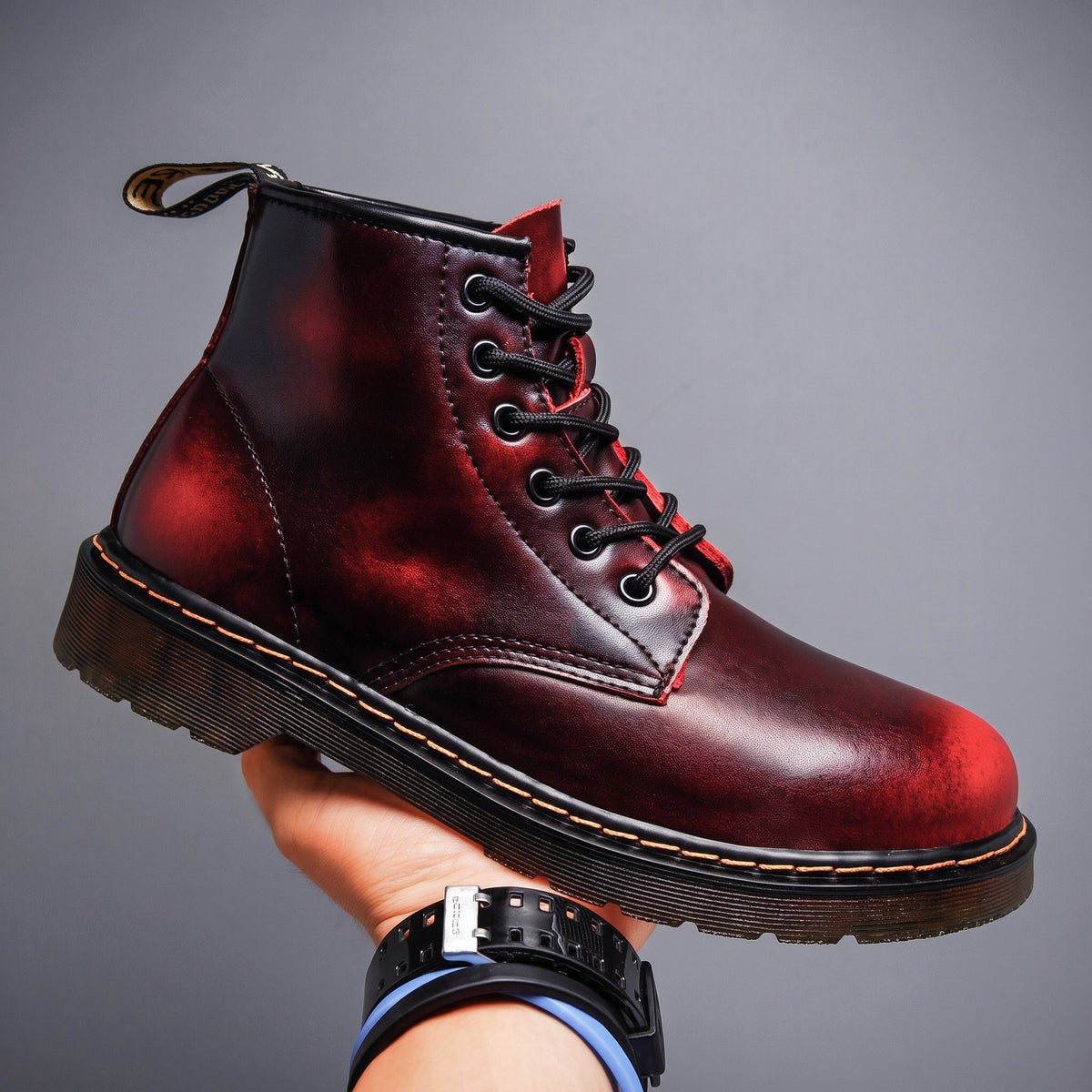 Logan - Men's Vintage Ombré Lace-Up Ankle Boots with Stitched Sole - Boots - Red - Davies & Cooper
