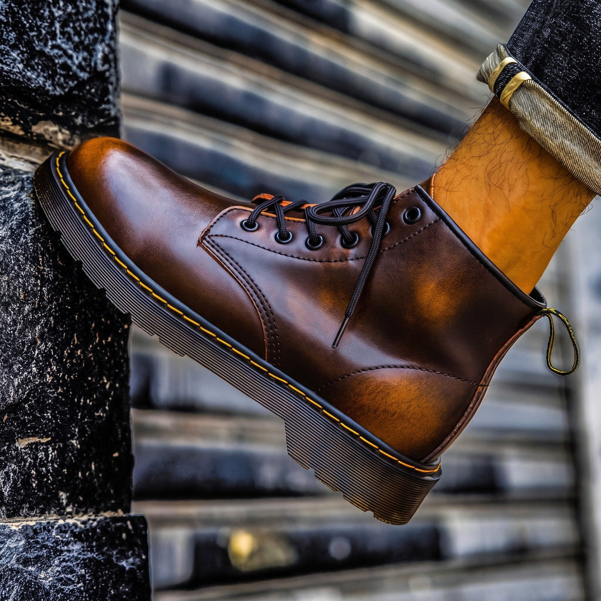 Logan - Men's Vintage Ombré Lace-Up Ankle Boots with Stitched Sole - Boots - Brown - Davies & Cooper