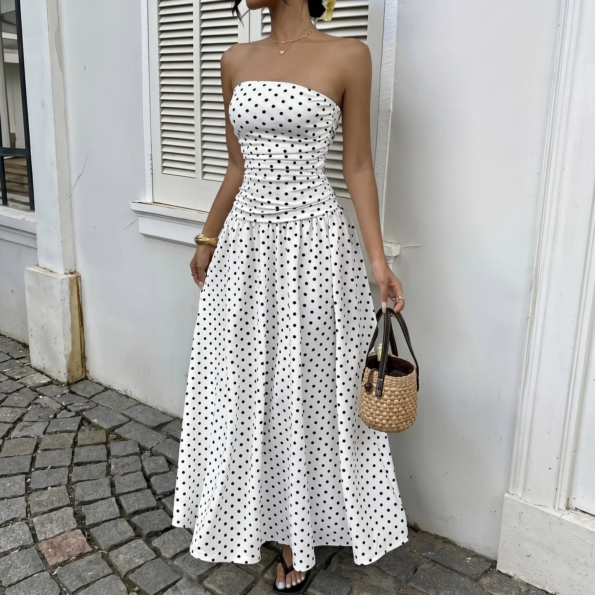 Lorelei - Women's Summer Polka Dot Strapless Maxi Dress - Dresses - White - Davies & Cooper