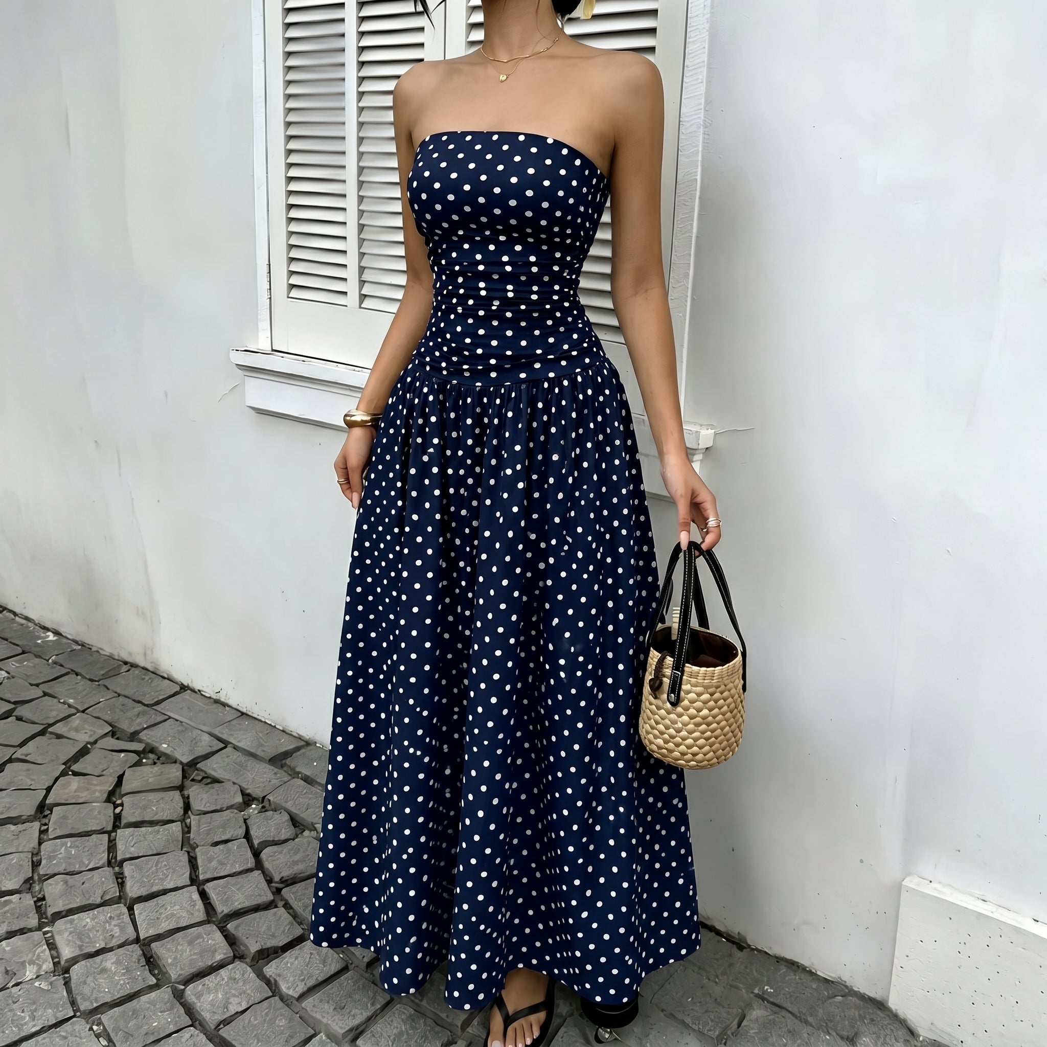 Lorelei - Women's Summer Polka Dot Strapless Maxi Dress - Dresses - Blue - Davies & Cooper