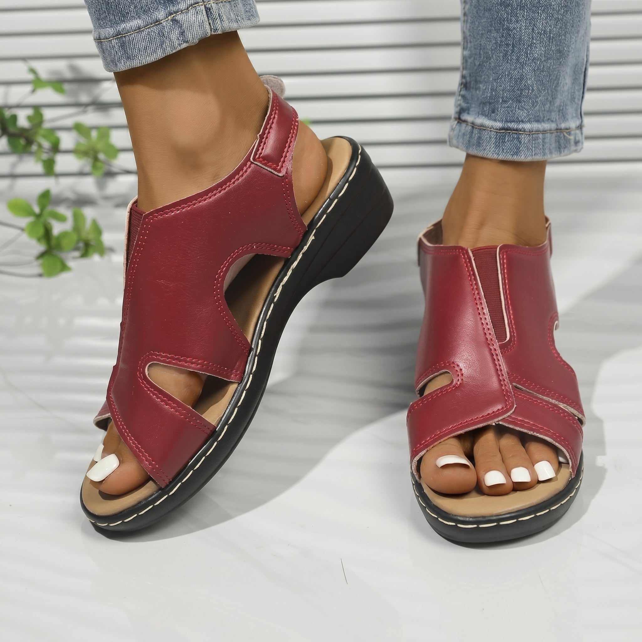 Louise - Women's Orthopaedic Cut-Out Wedge Sandals - Sandals - Red - Davies & Cooper