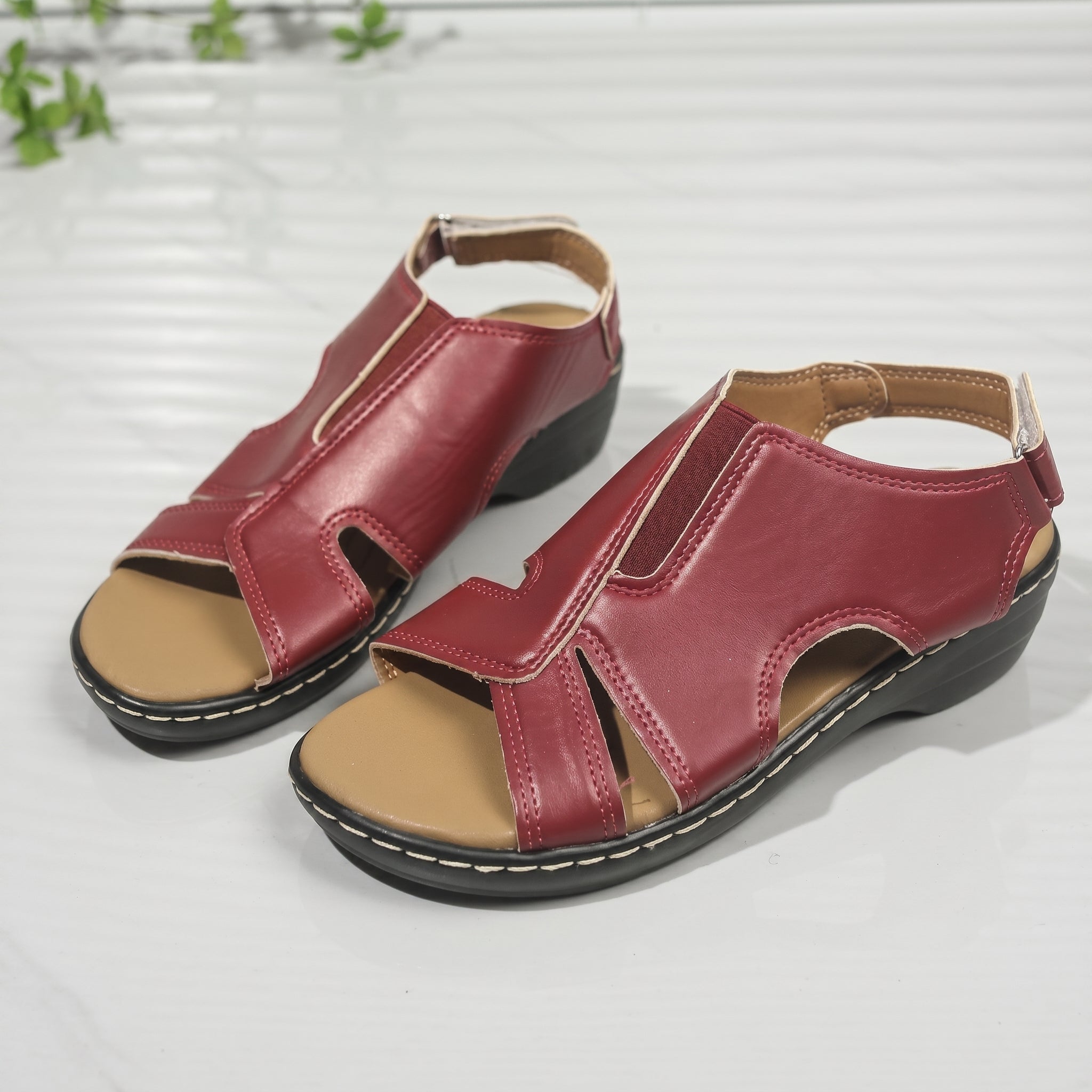 Louise - Women's Orthopaedic Cut-Out Wedge Sandals - Sandals - Red - Davies & Cooper
