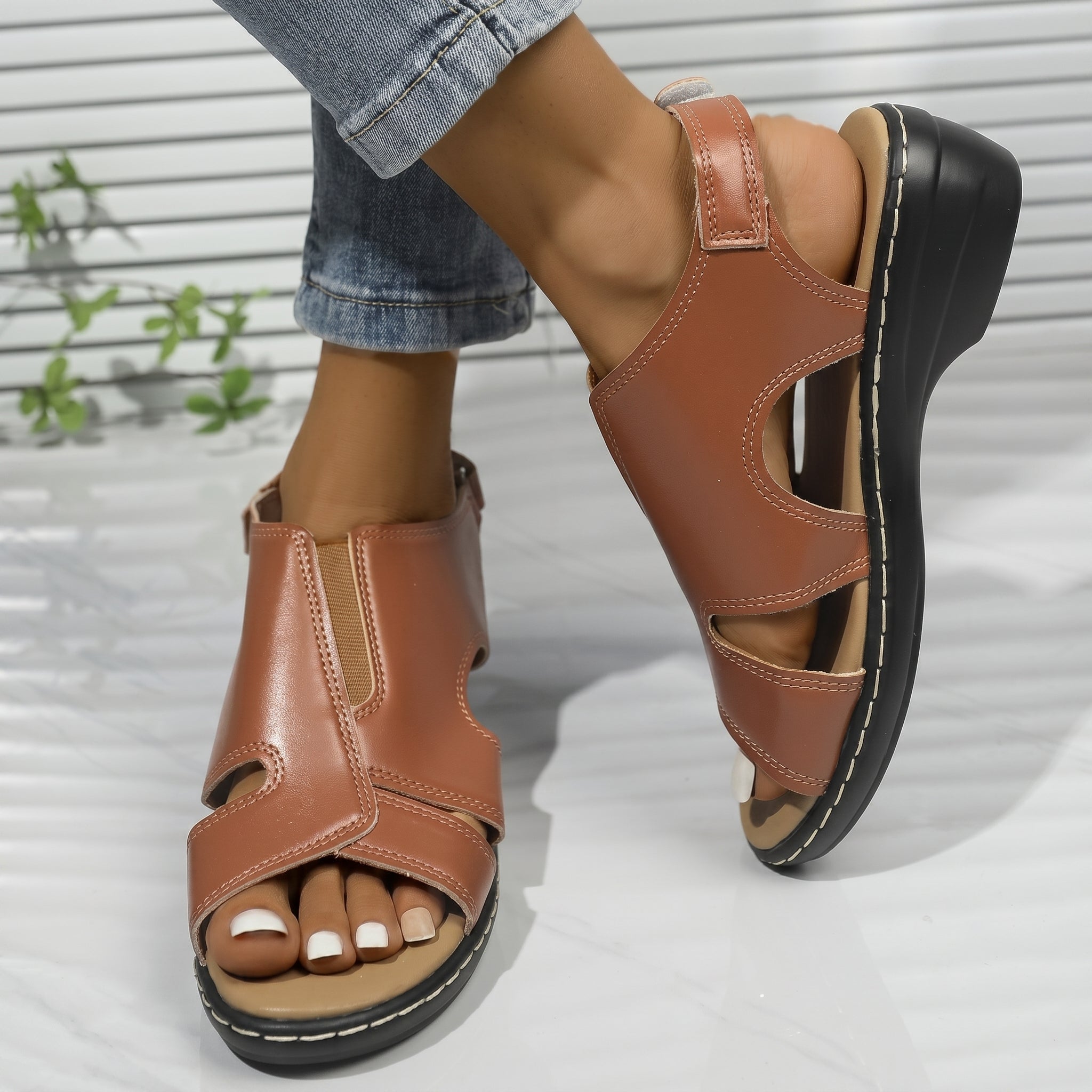 Louise - Women's Orthopaedic Cut-Out Wedge Sandals - Sandals - Brown - Davies & Cooper