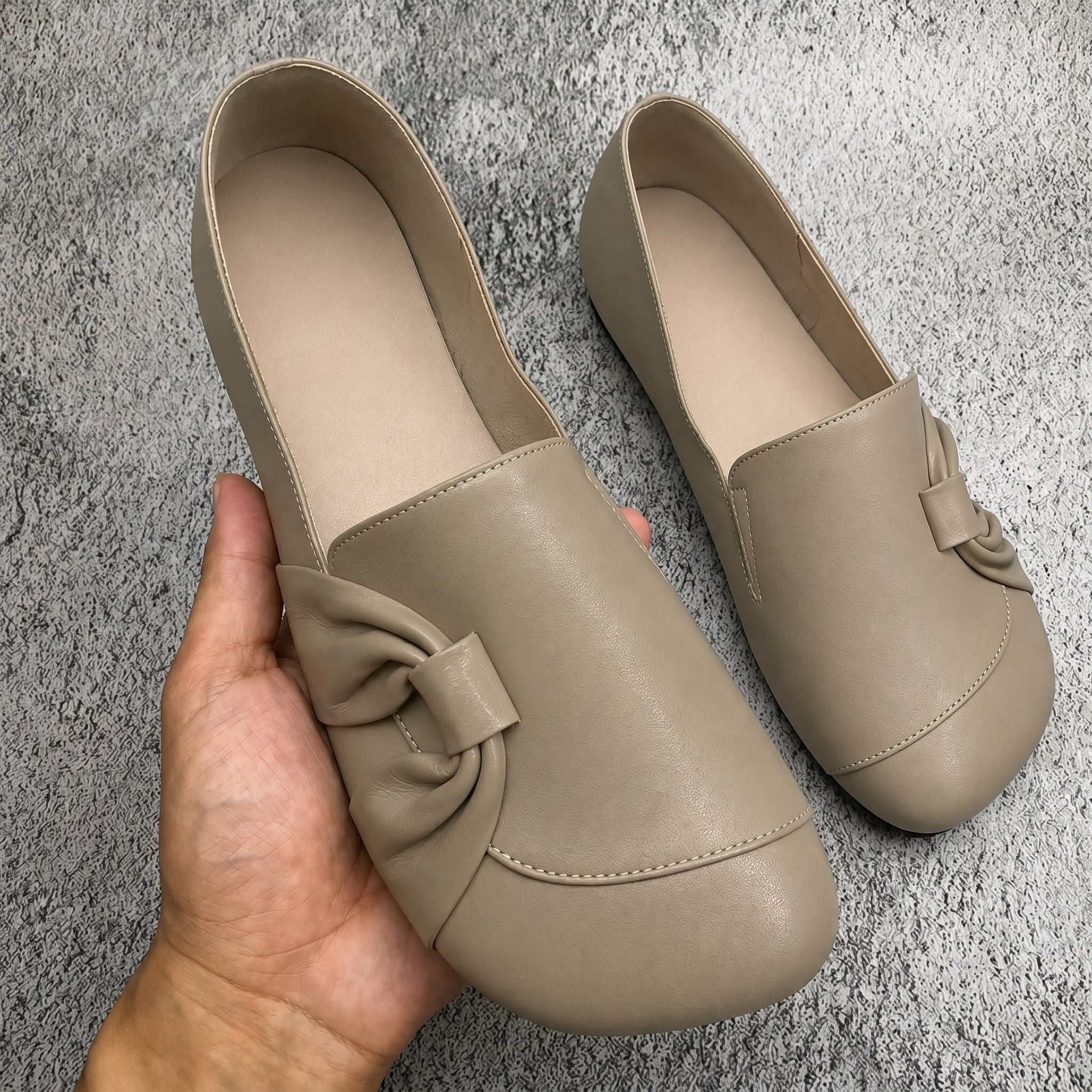 Louise - Women's Round Toe Loafers with Bow Detail - Shoes - Beige - Davies & Cooper