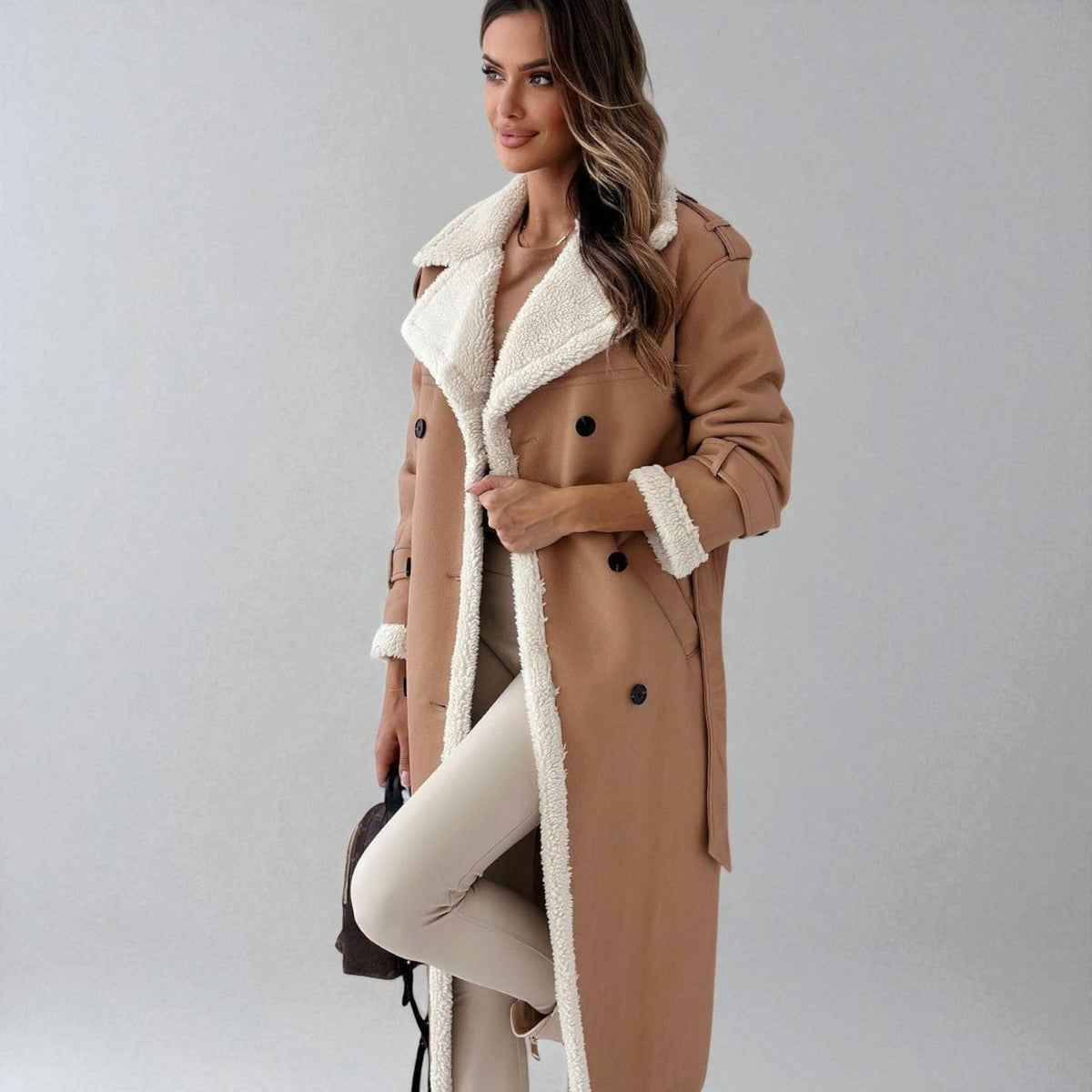 Mara – Long Teddy Winter Coat with Belt - Winter coat - Apricot - Davies & Cooper