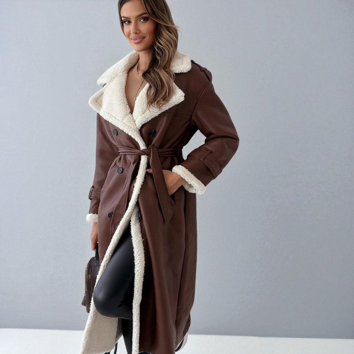 Mara – Long Teddy Winter Coat with Belt - Winter coat - Brown - Davies & Cooper