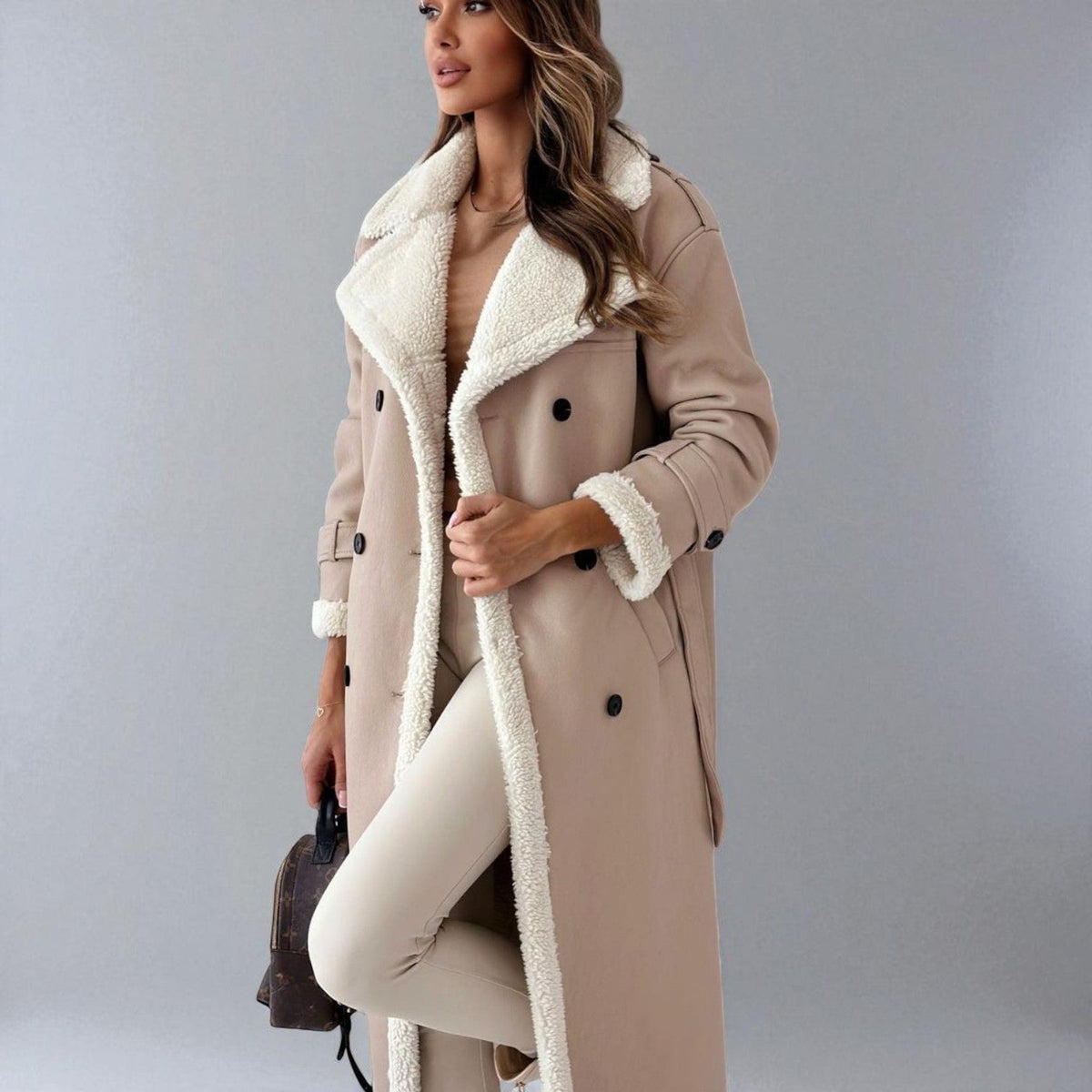 Mara – Long Teddy Winter Coat with Belt - Winter coat - Khaki - Davies & Cooper