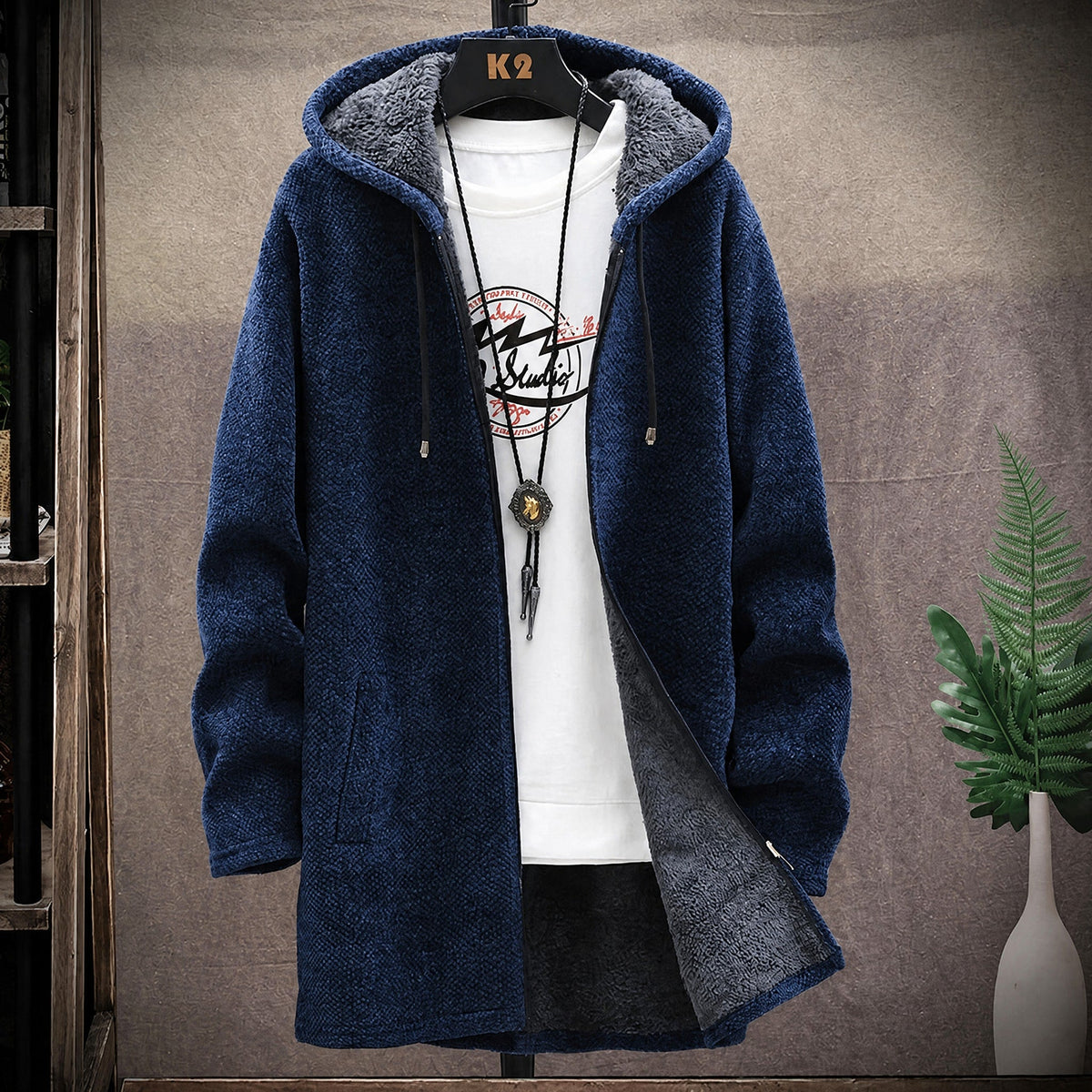 Marcel - Men's Hooded Longline Knit Jacket with Soft Lining - Coats & Jackets - Blue - Davies & Cooper