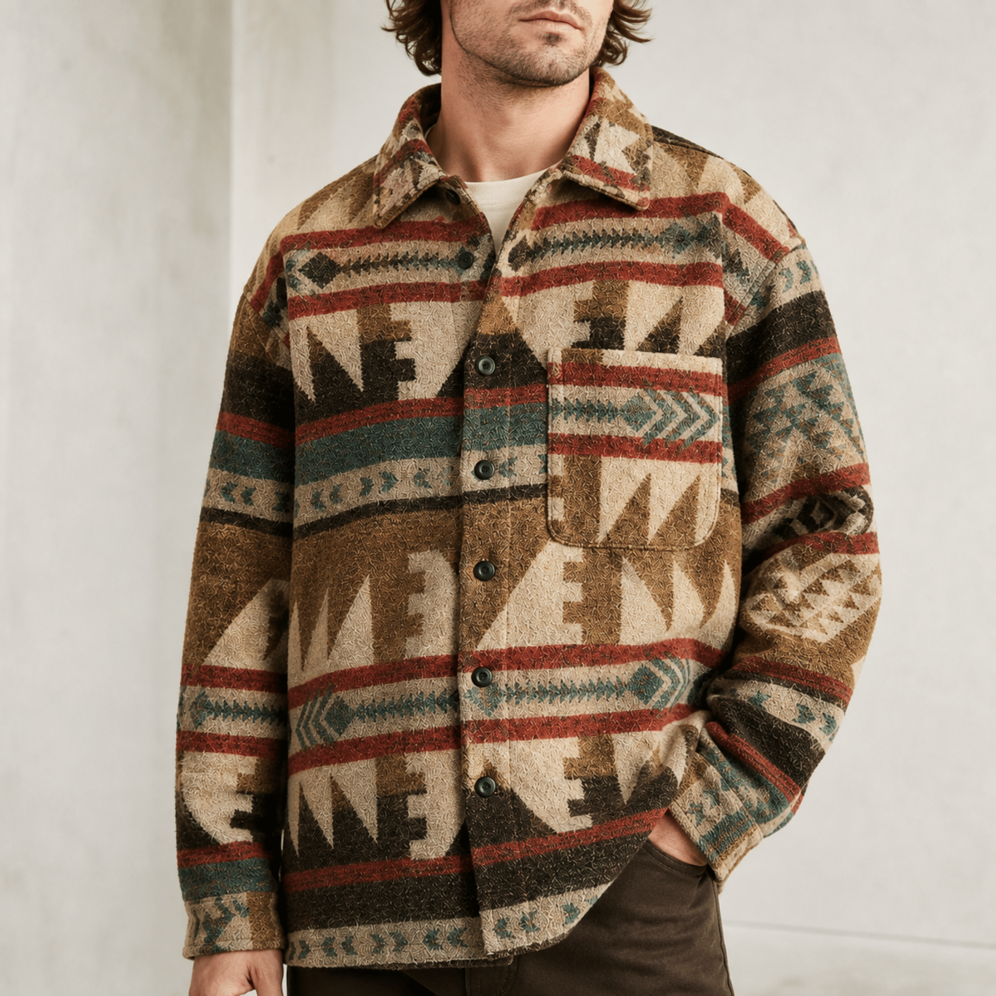 Marcus - Men's Aztec Print Jacket with Chest Pocket - Coats & Jackets - Dark Brown - Davies & Cooper