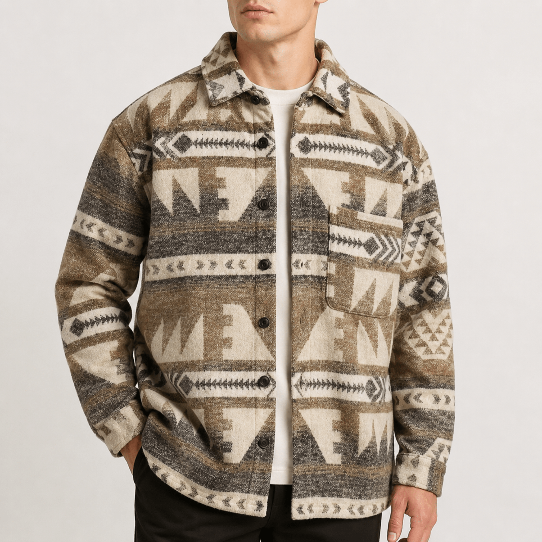 Marcus - Men's Aztec Print Jacket with Chest Pocket - Coats & Jackets - Light Brown - Davies & Cooper