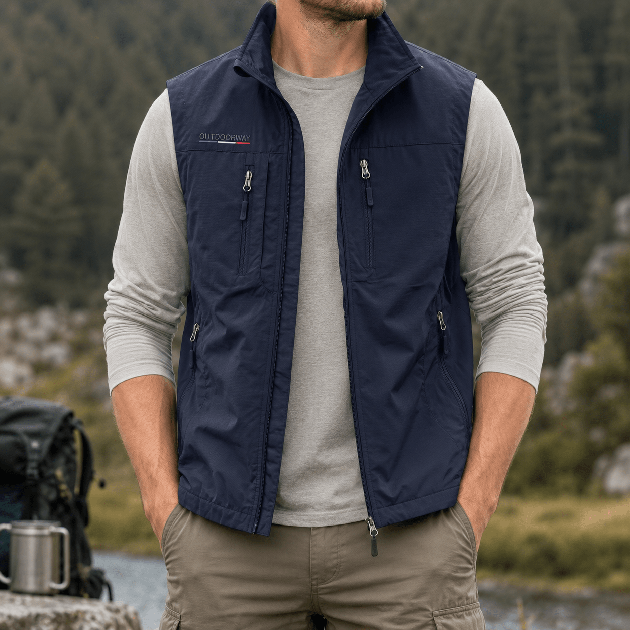 Marcus - Men's Funnel Neck Zip-Up Utility Gilet with Multiple Pockets - Vests - Navy - Davies & Cooper