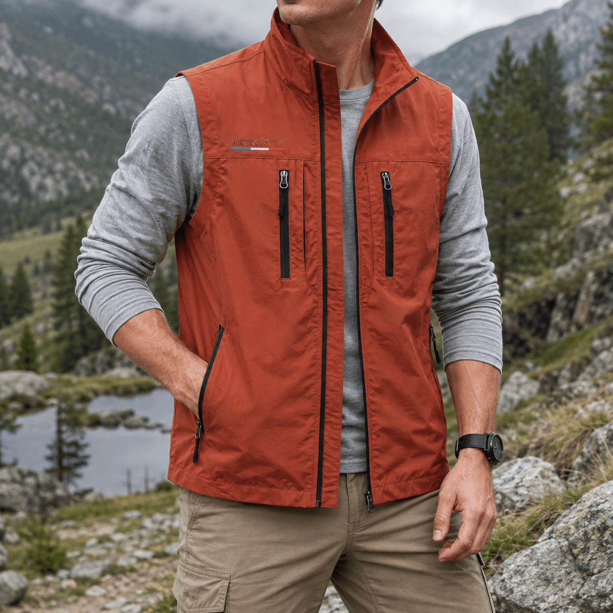Marcus - Men's Funnel Neck Zip-Up Utility Gilet with Multiple Pockets - Vests - Orange - Davies & Cooper