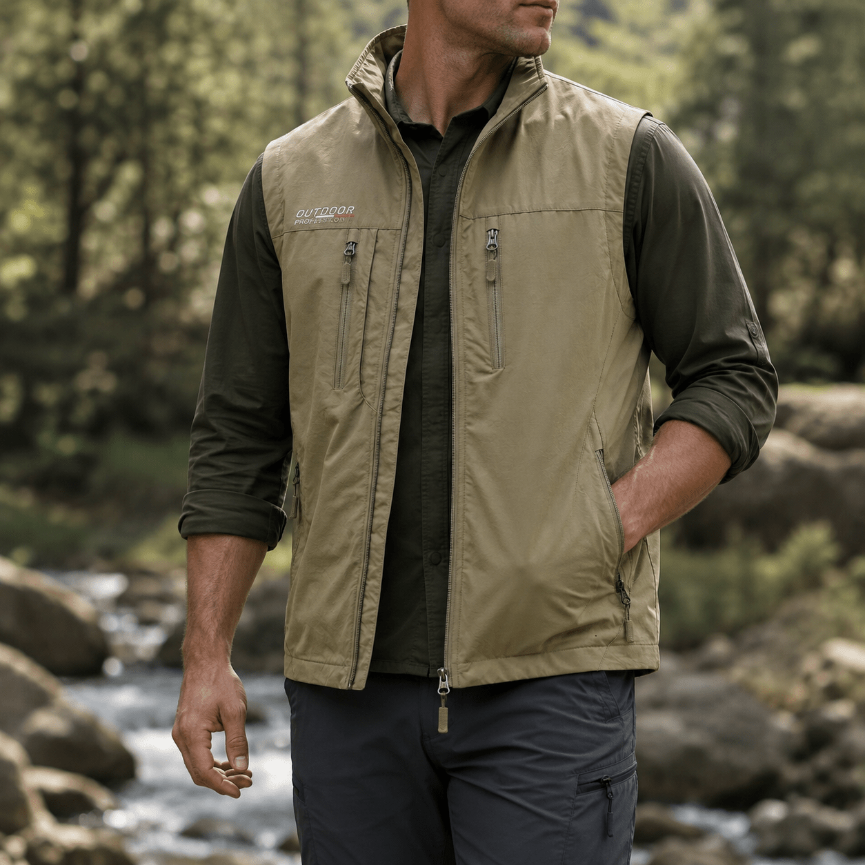 Marcus - Men's Funnel Neck Zip-Up Utility Gilet with Multiple Pockets - Vests - Khaki - Davies & Cooper